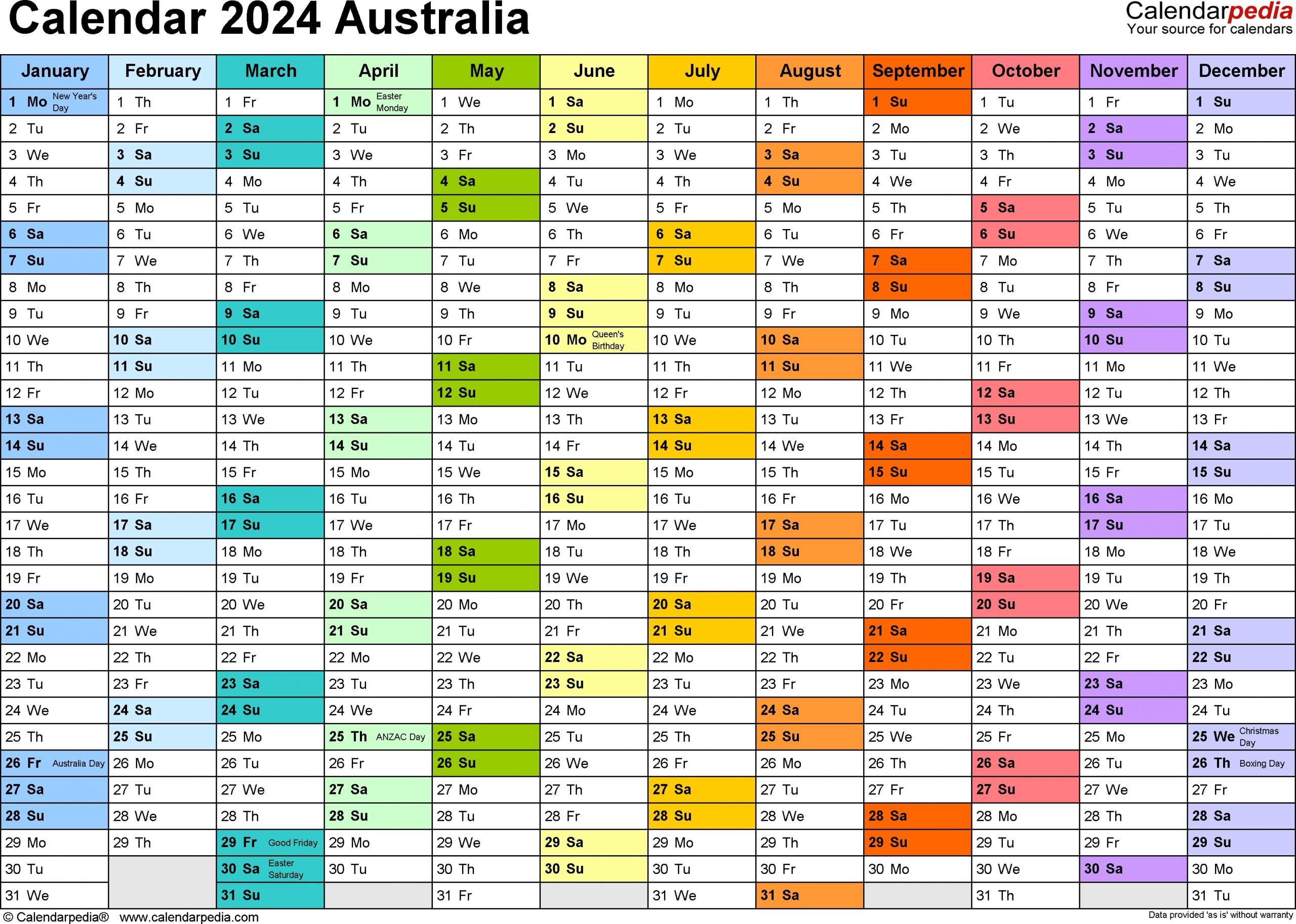 Australia Calendar 2024 - Free Printable Pdf Templates