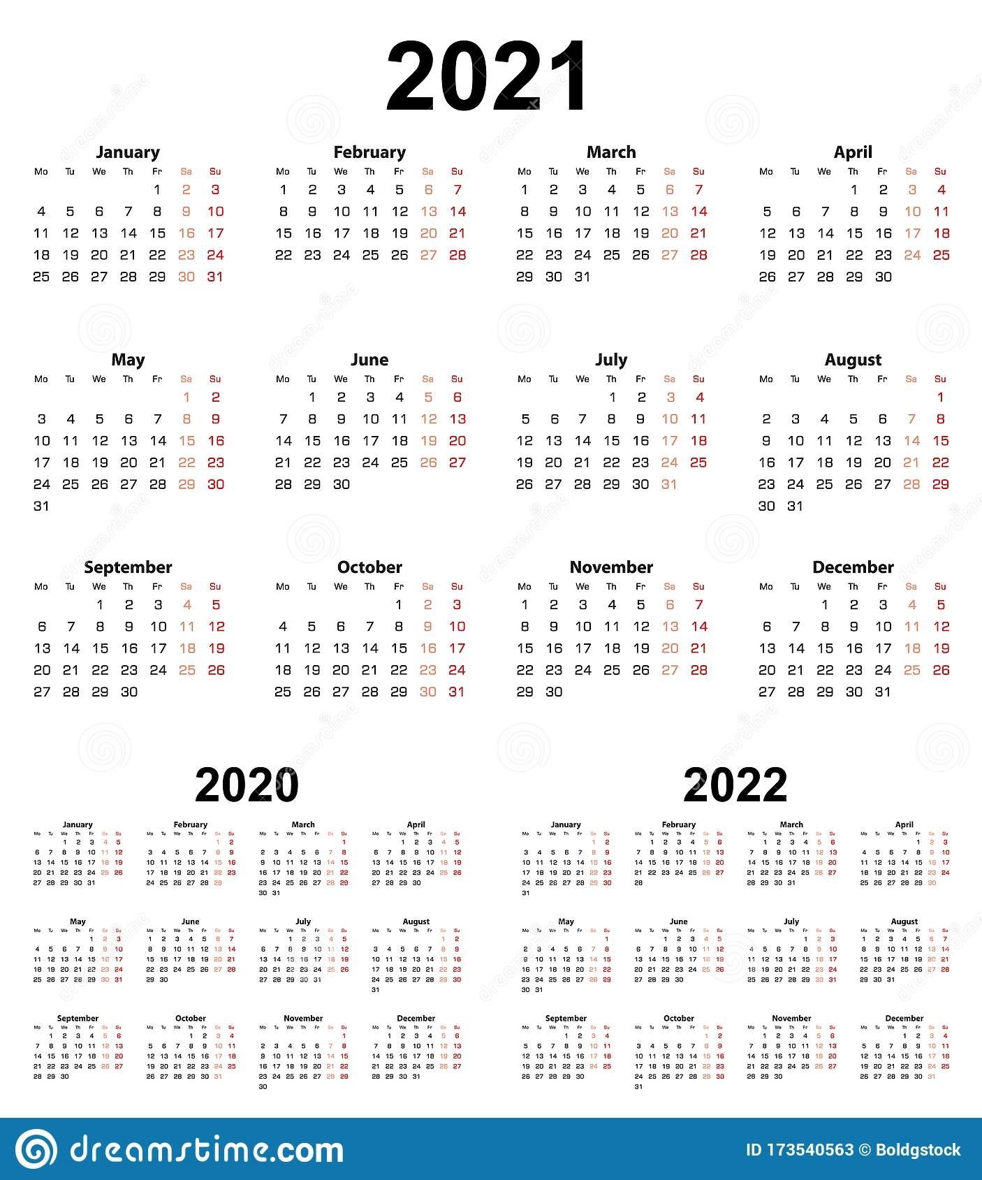 Basic Calendar For Year 2021 And 2020, 2022. Week Starts On