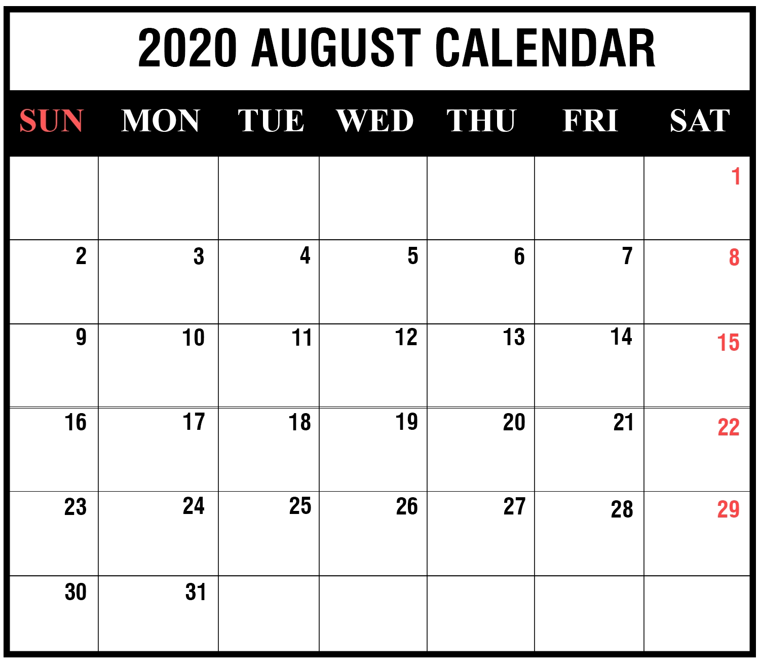 Blank August 2020 Calendar Editable In 2020 | August