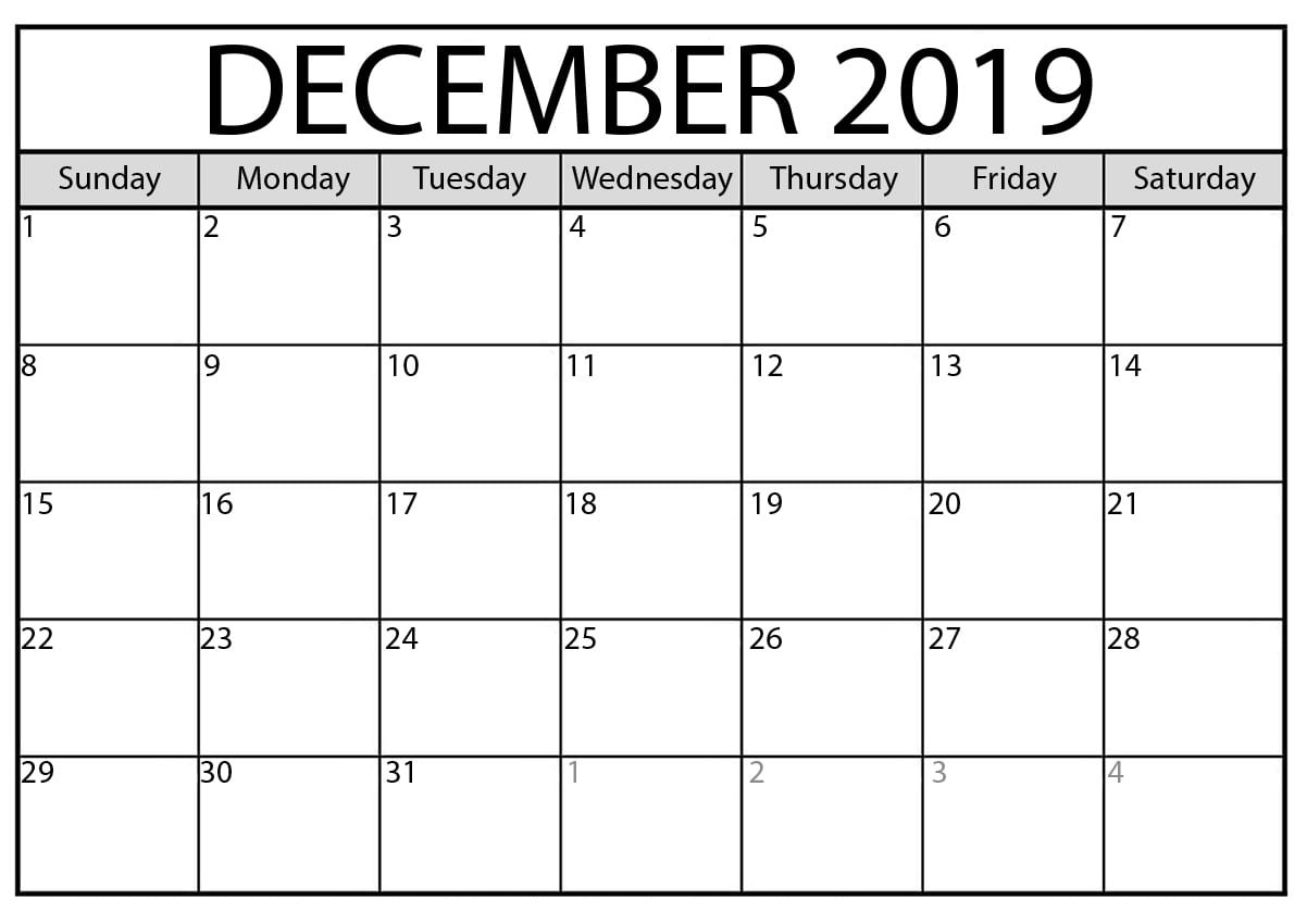 Blank Calendar December 2019 : For Exam Time Status | Free
