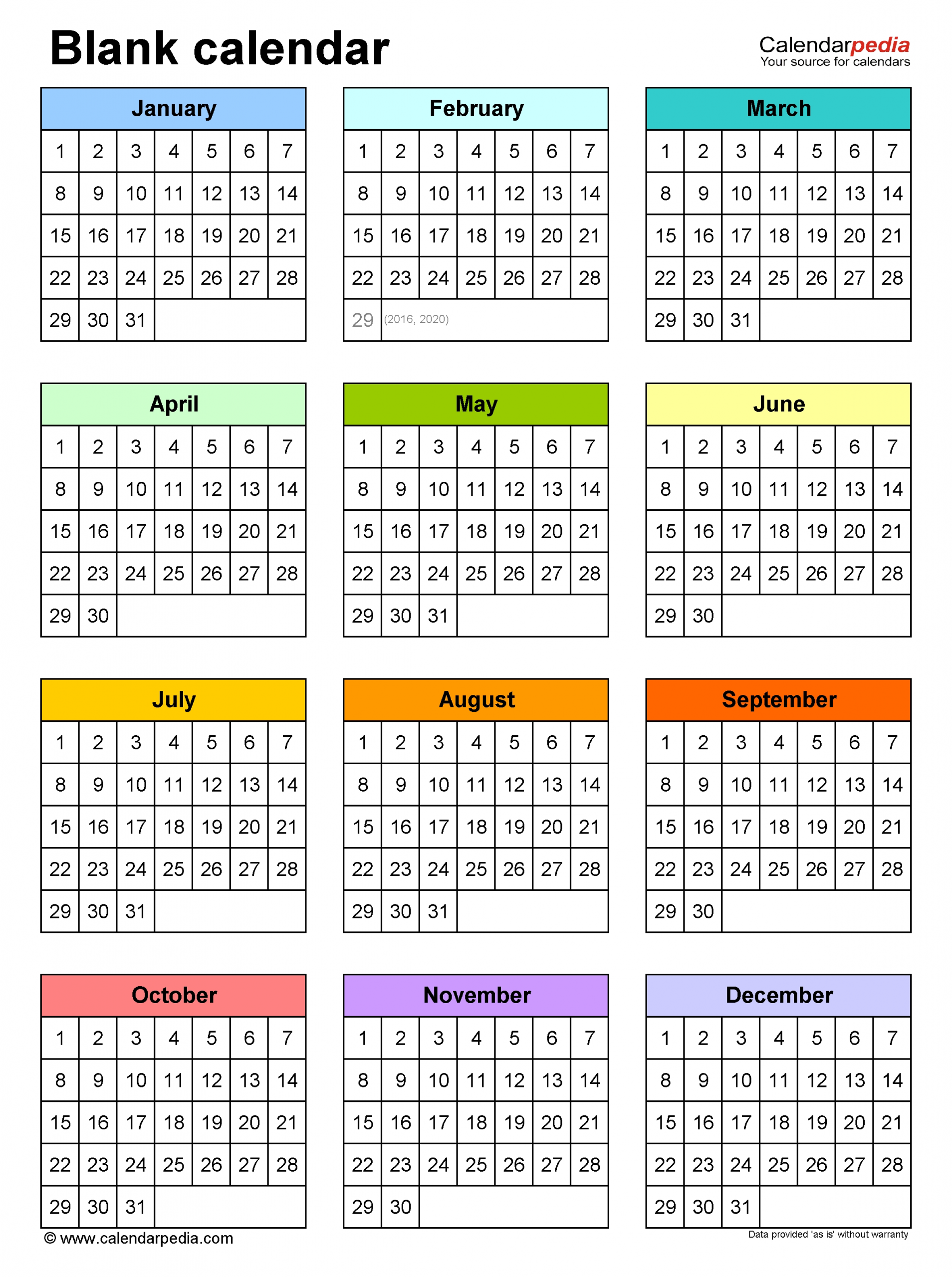 One Year Clendar On One Page Month Calendar Printable