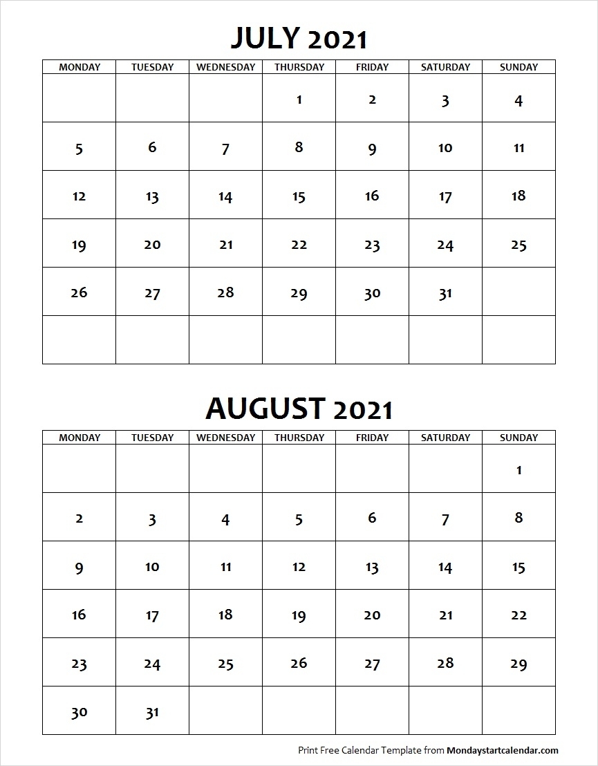 Blank July August 2021 Printable Calendar Archives - Monday