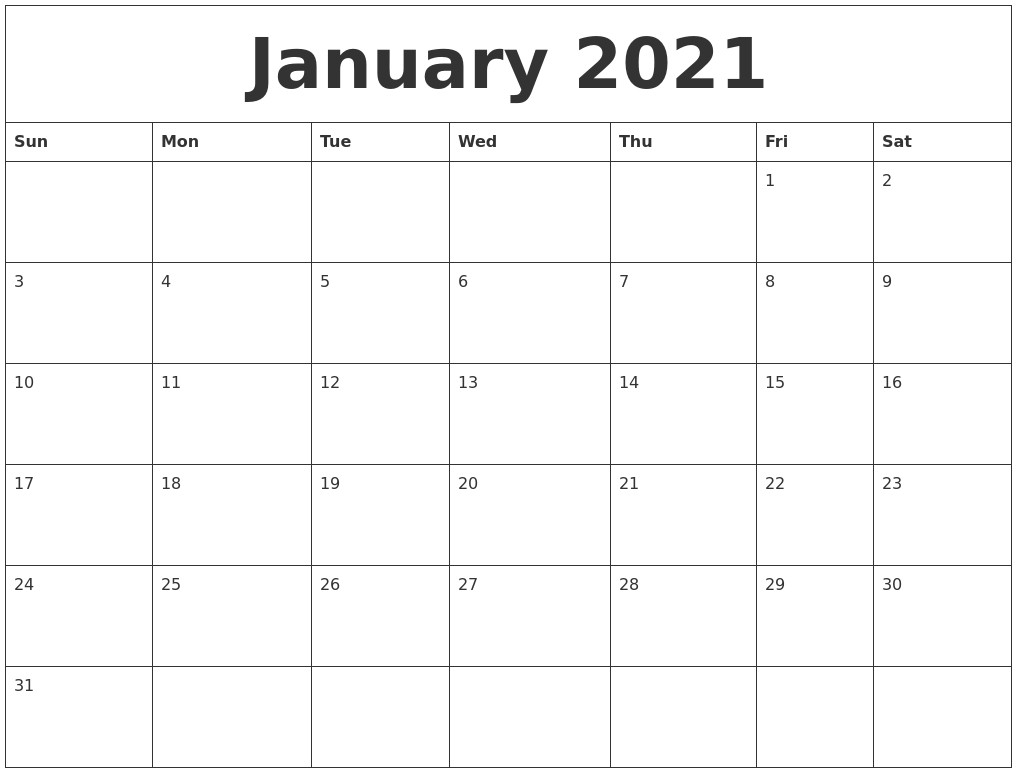 Blank Printable Calendar 2021 Monthly Downloadable | Free