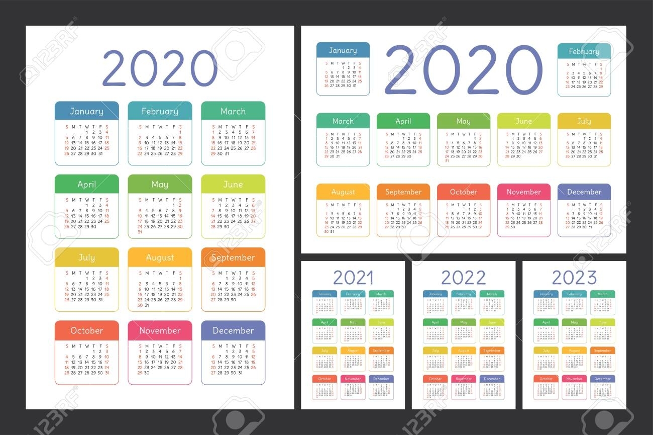 Calendar 2020, 2021, 2022 And 2023. English Color Vector Set