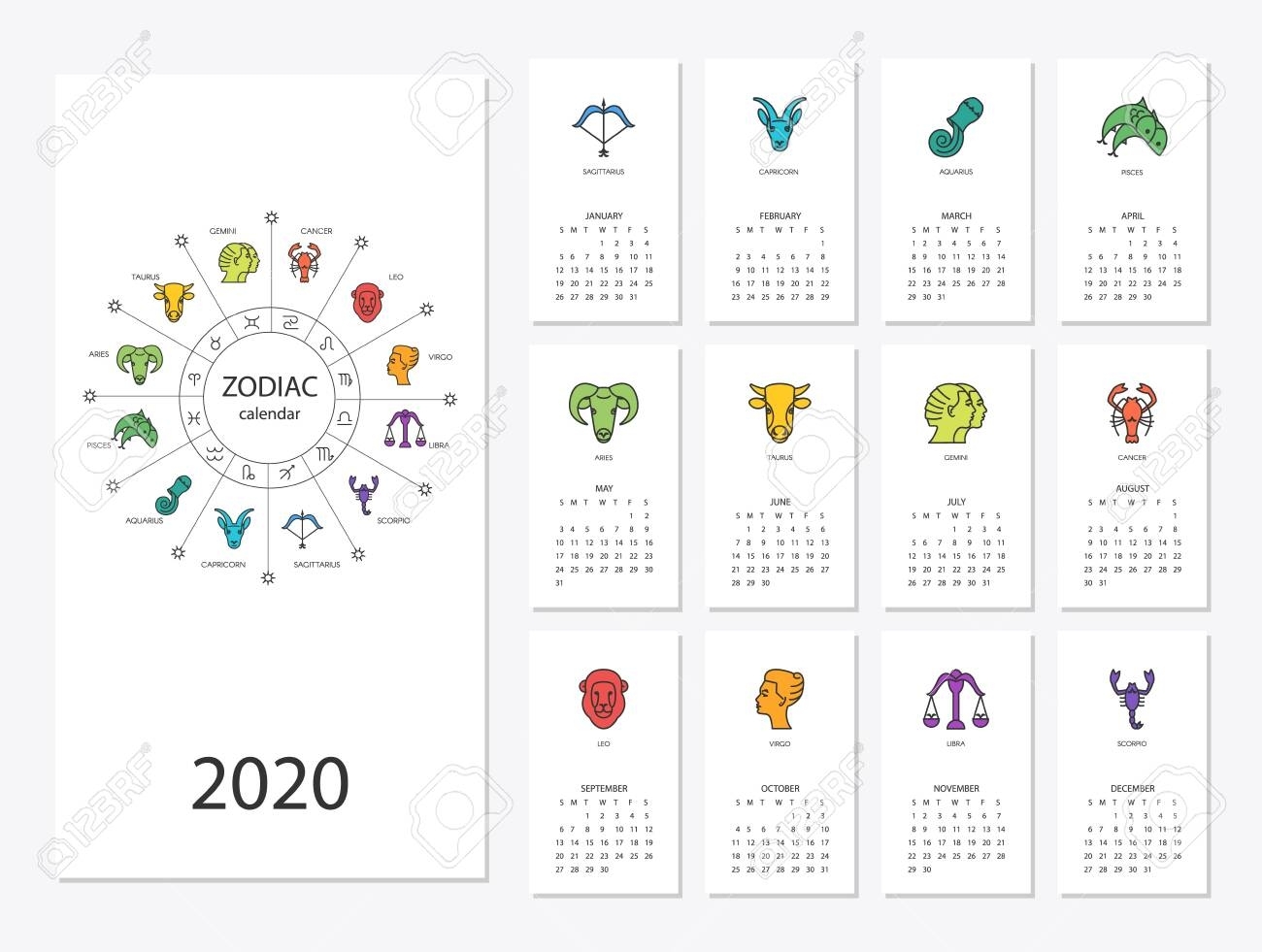 Calendar 2020 With Horoscope Signs Zodiac Symbols Set