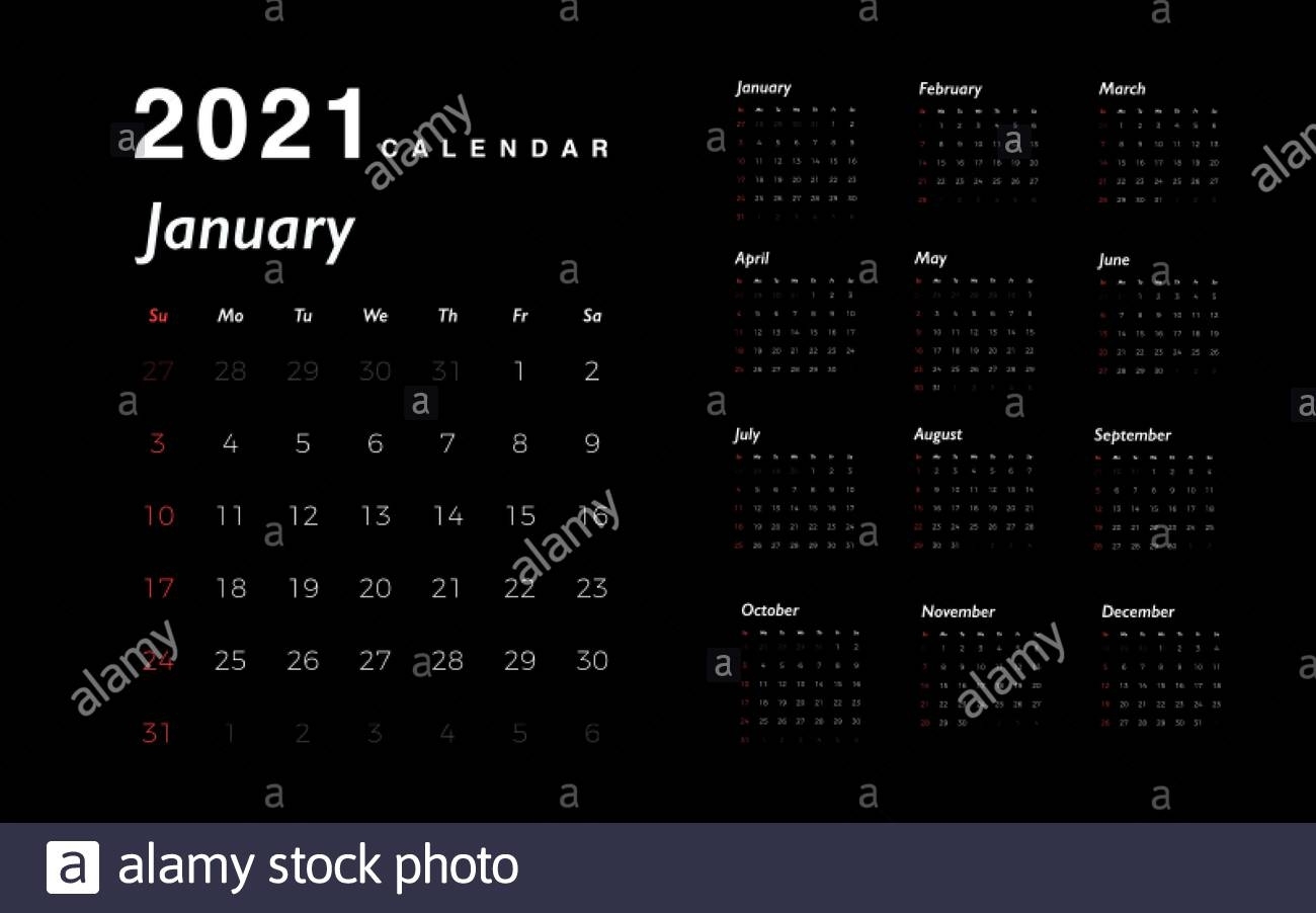 Calendar 2021 New Year. White Numbers Of Days With Red