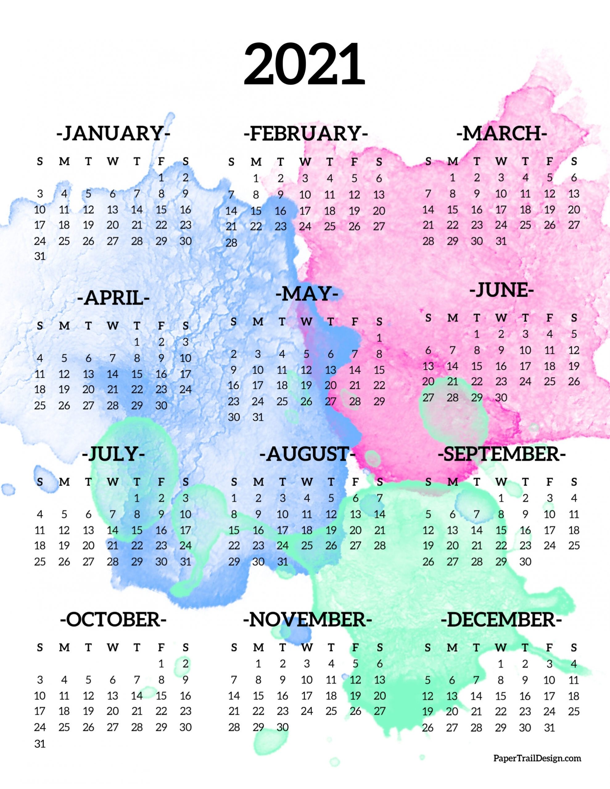 Calendar 2021 Printable One Page | Paper Trail Design