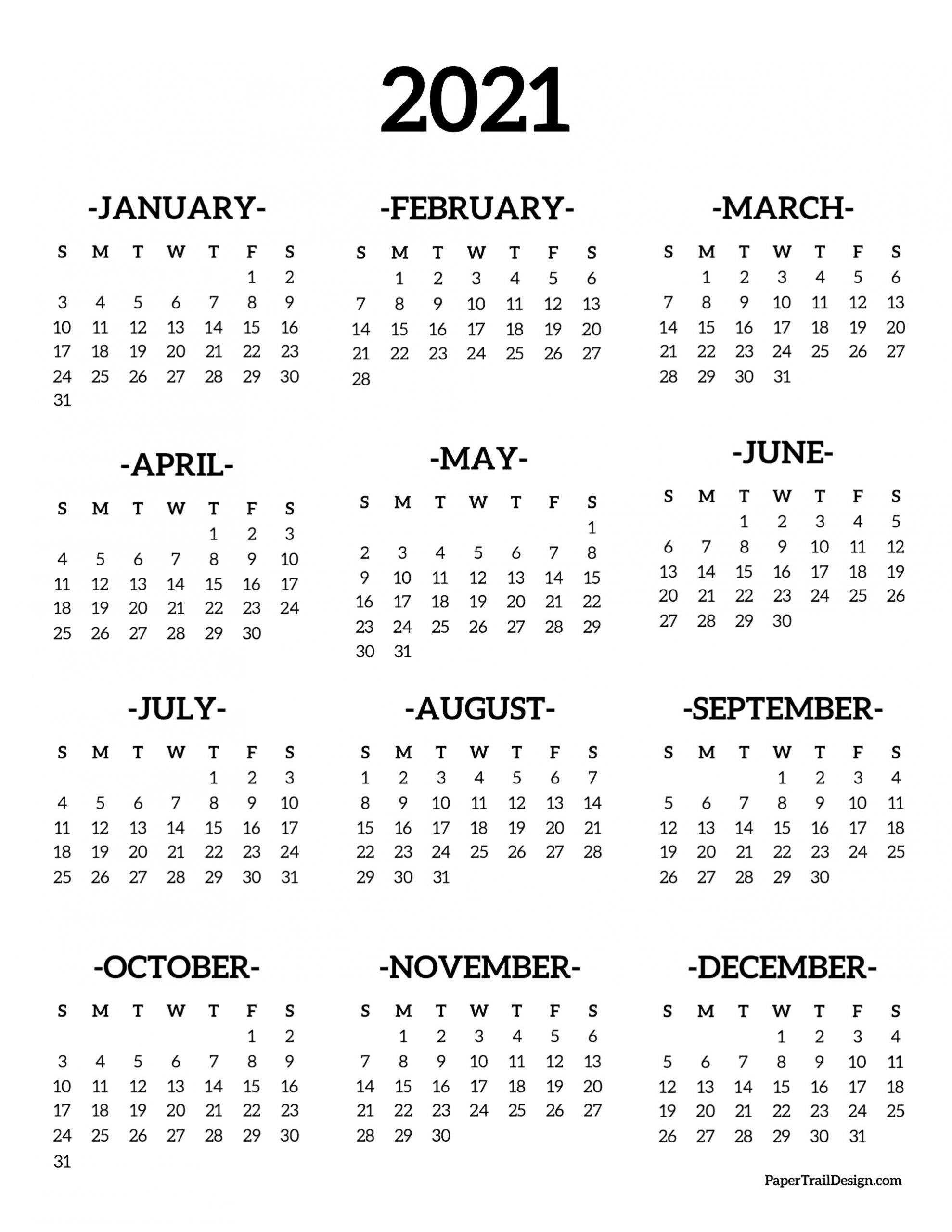 Calendar 2021 Printable One Page | Paper Trail Design