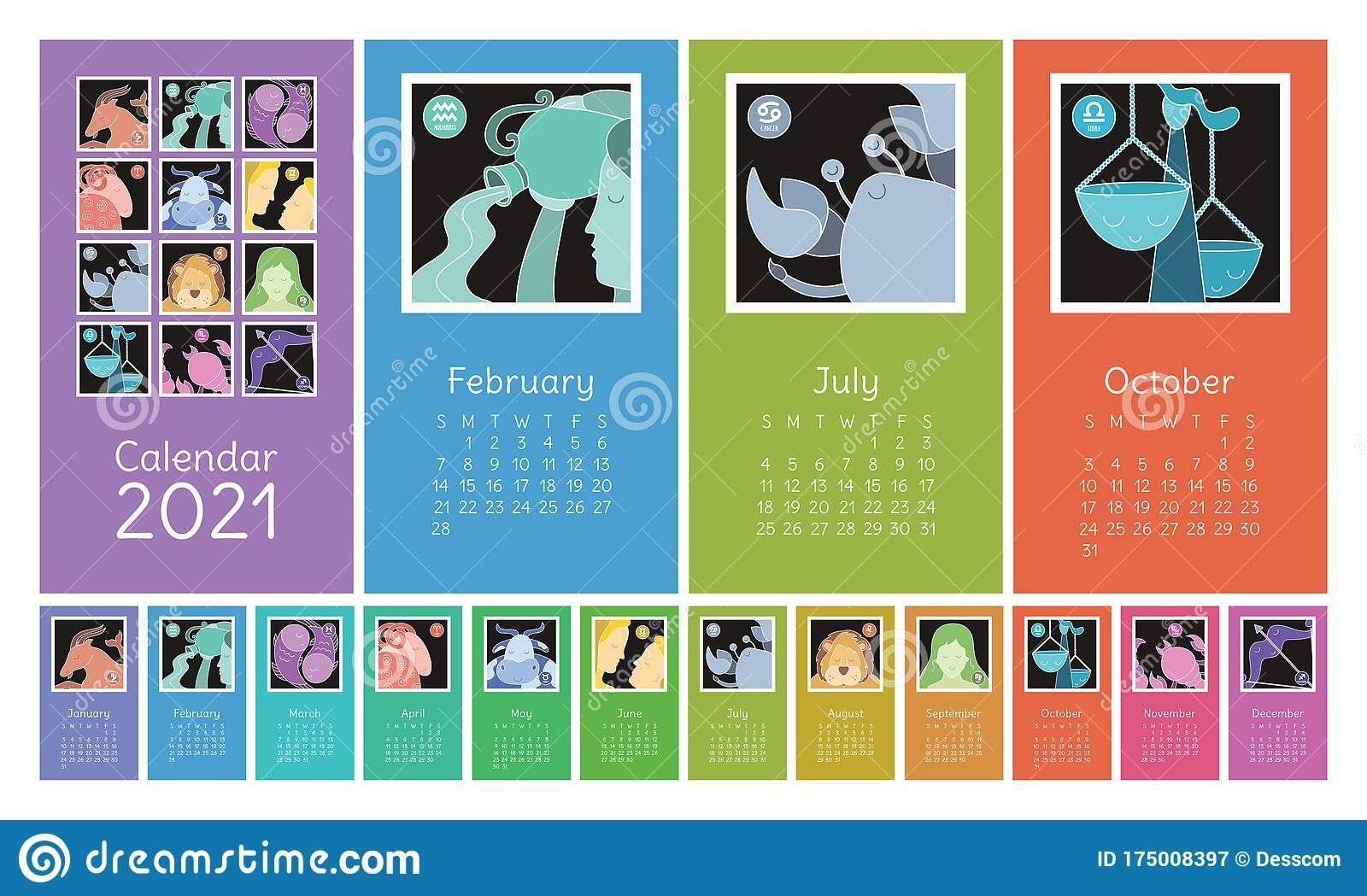 Calendar 2021. Zodiac Signs: Aquarius, Libra, Leo, Taurus