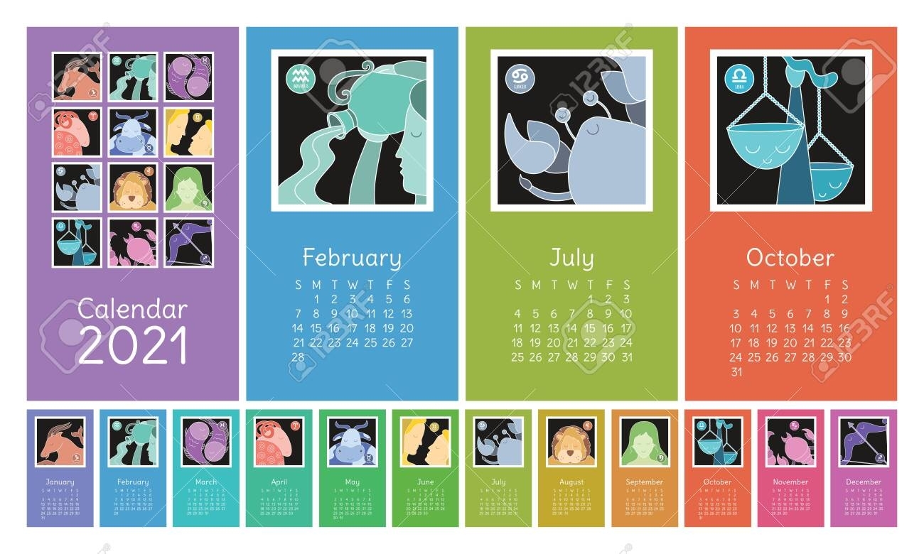 Calendar 2021. Zodiac Signs: Aquarius, Libra, Leo, Taurus, Cancer,..