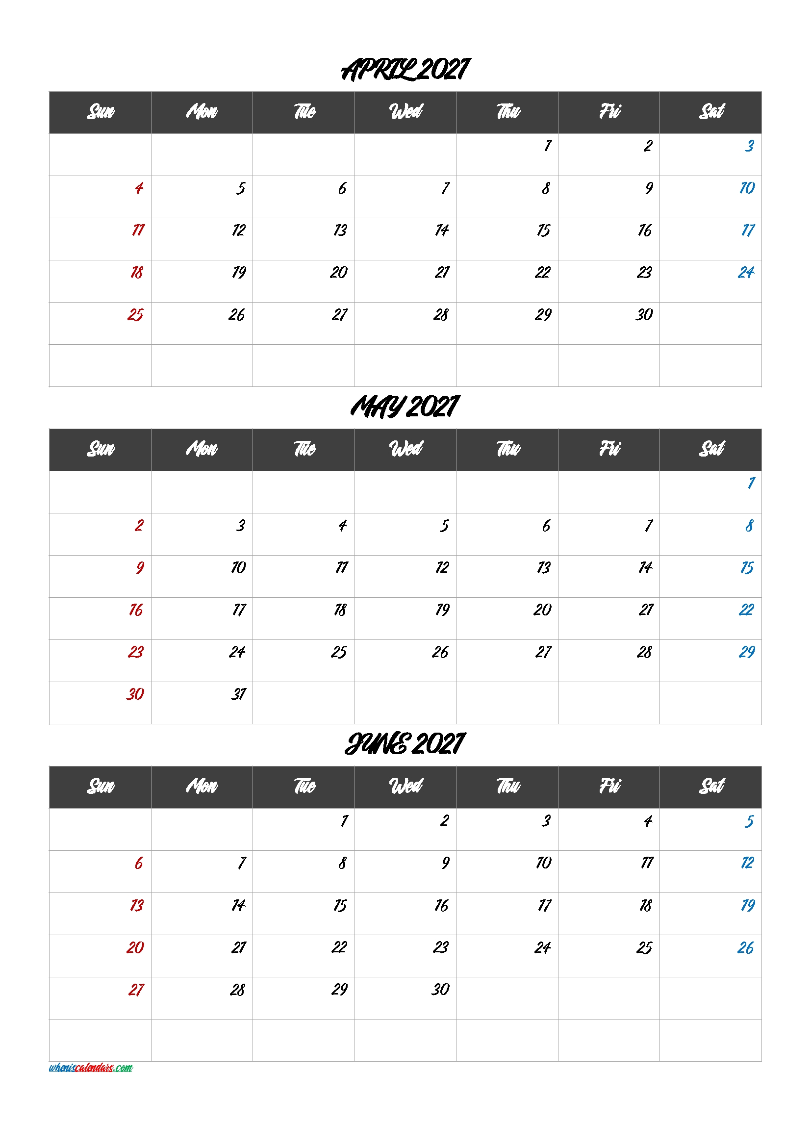 Calendar April May June 2021 [Q1-Q2-Q3-Q4] – Free Printable