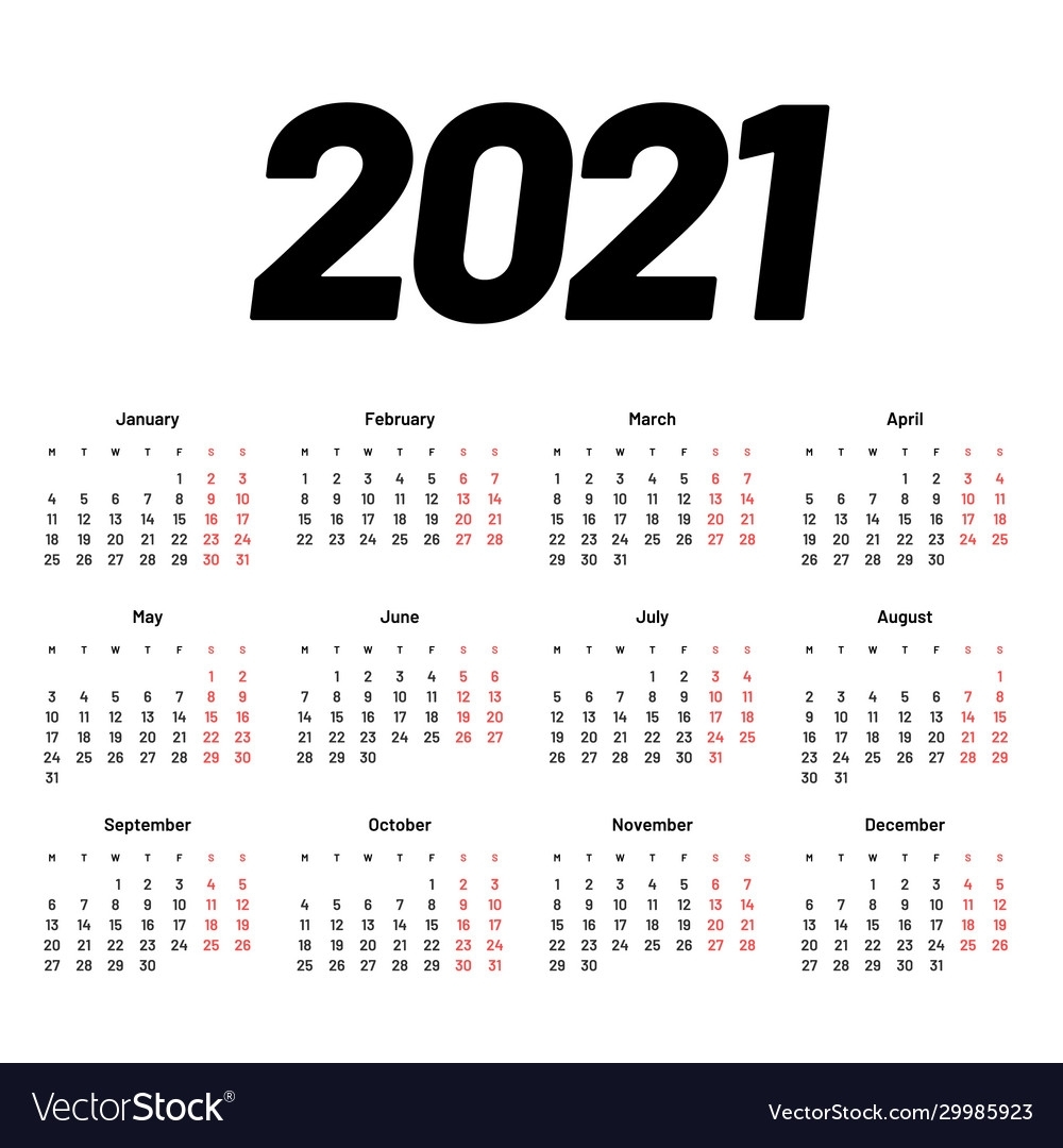 Calendar For 2021 Week Starts On Monday Royalty Free Vector