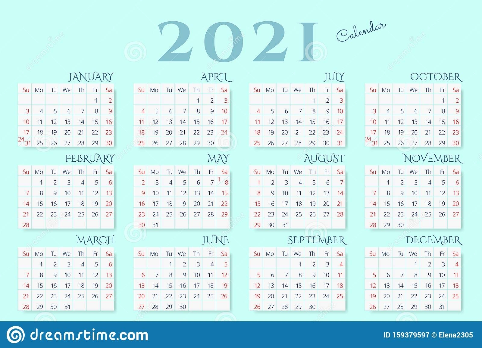 Calendar For 2021 Year On Mint Color Background Stock Vector