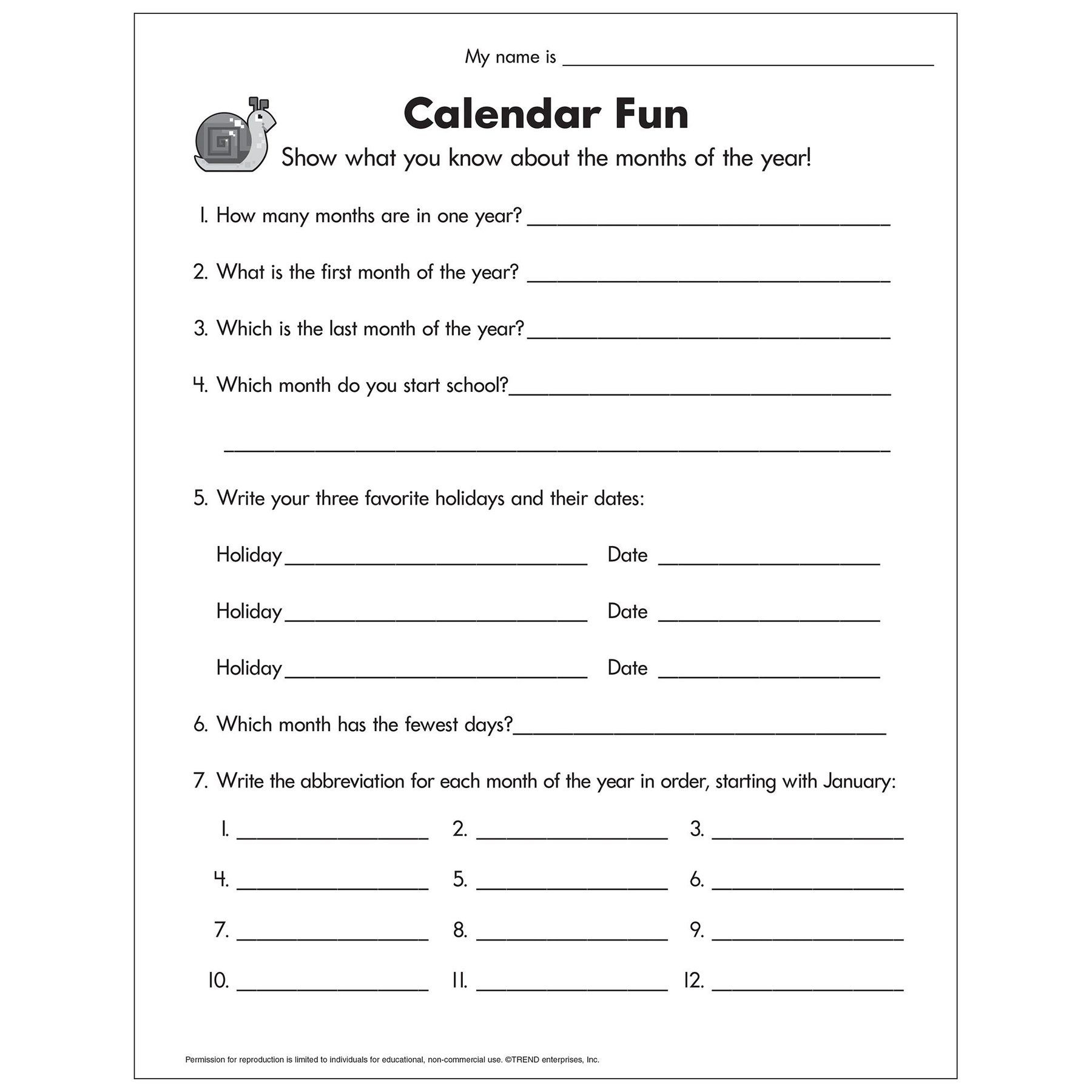 Calendar Fun Worksheet Free Printable In 2020 | Fun