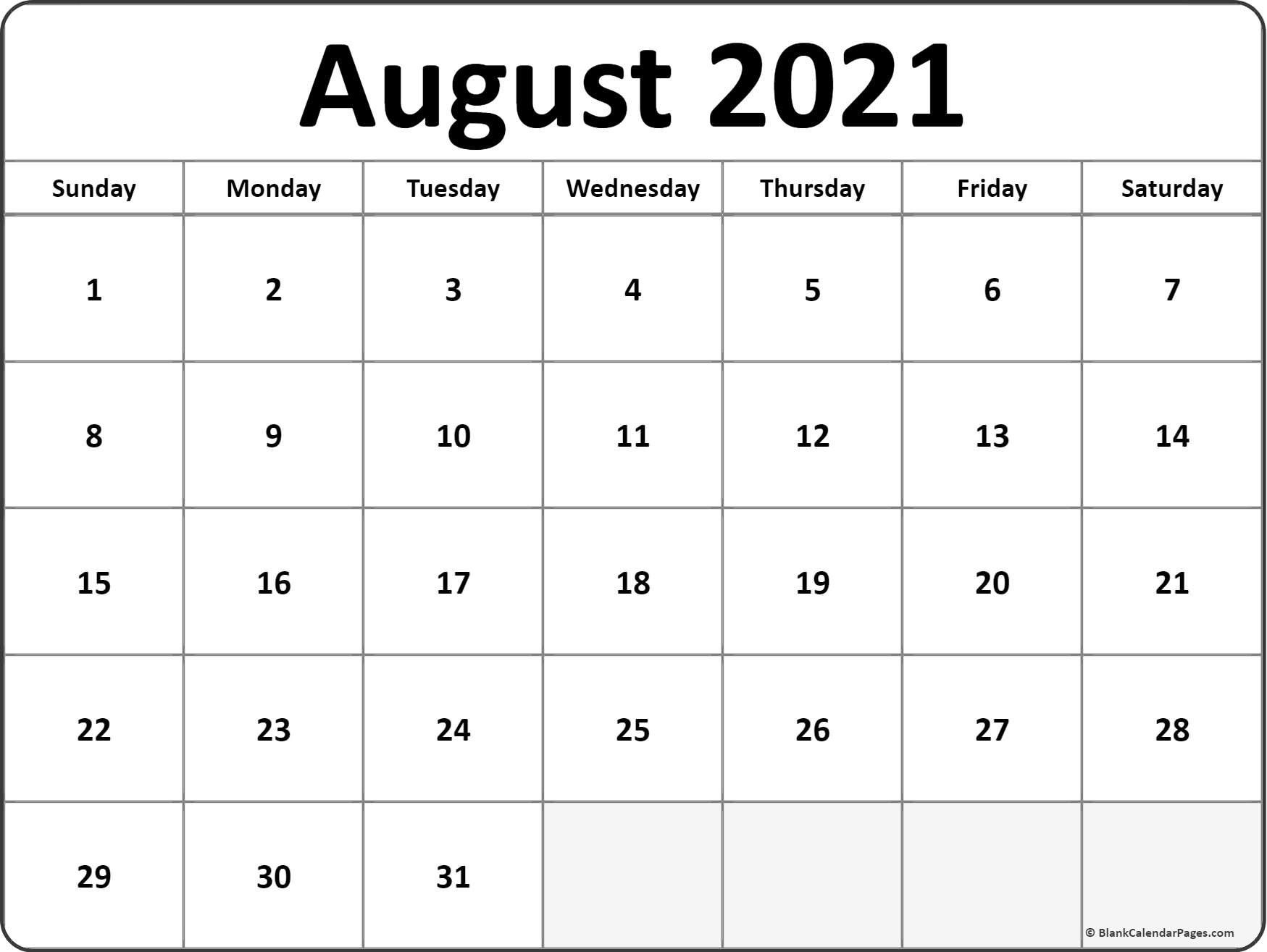 Calendar Monthly 2021 Printable August Full Page