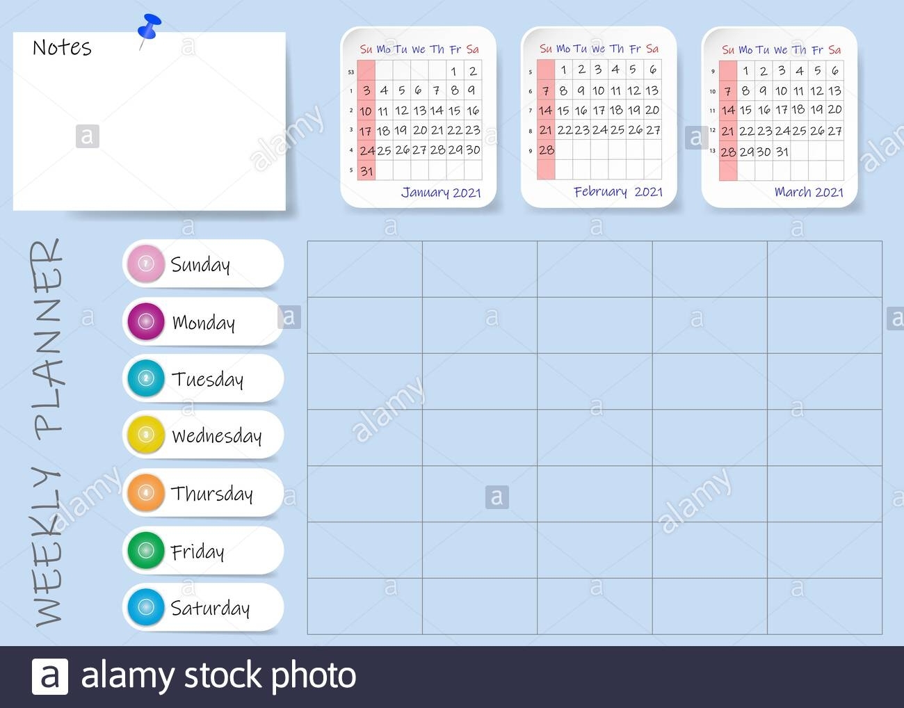 Calendar Of First Quarter Of 2021 Year With Weekly Planner