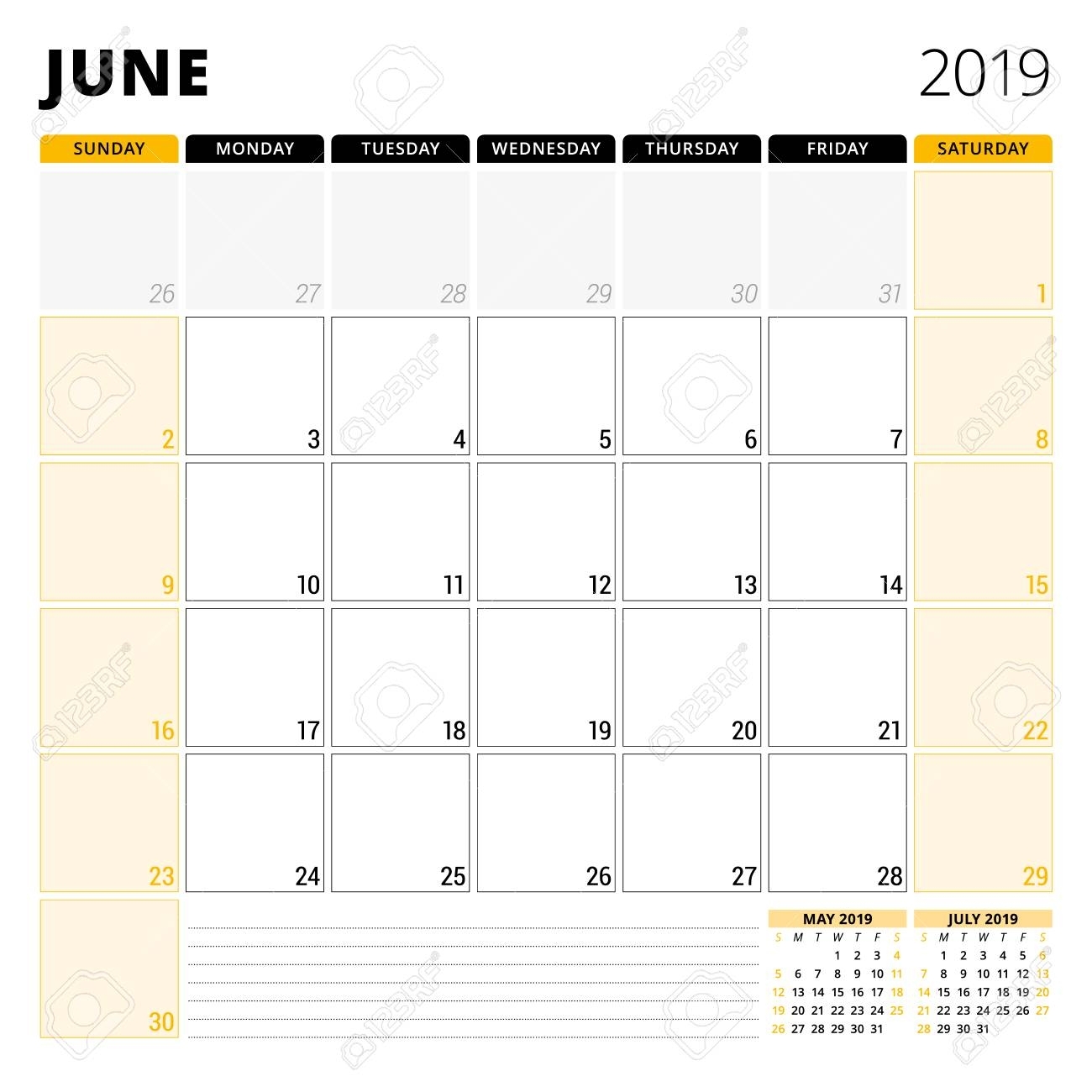 Calendar Planner For June 2019. Stationery Design Template. Week..