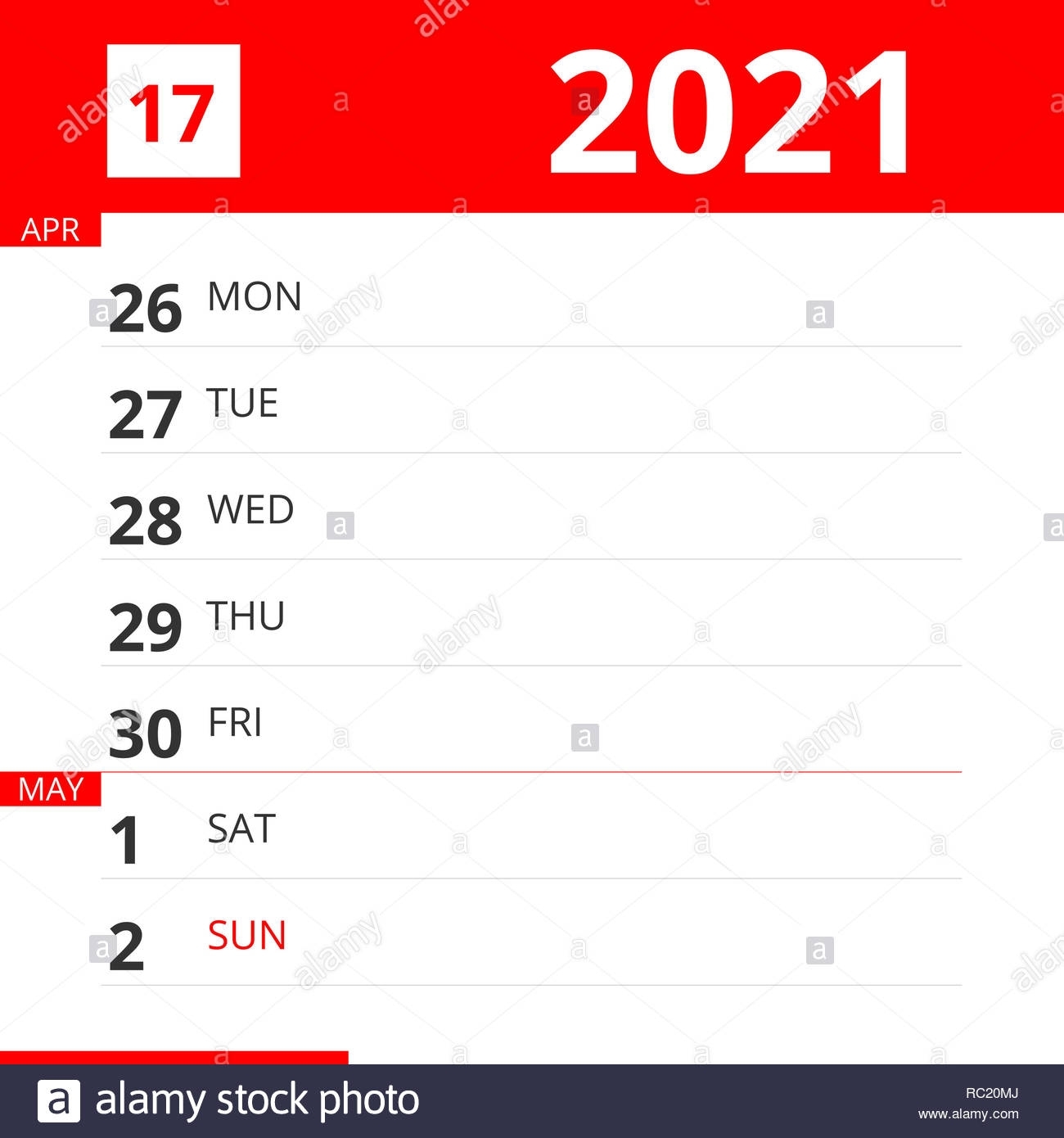 Calendar Planner For Week 17 In 2021, Ends May 2, 2021 Stock