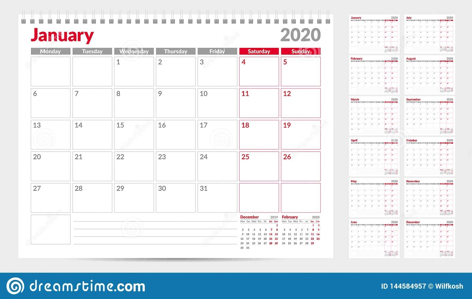 Calendar Planner Template 2020. Week Start From Monday. Set