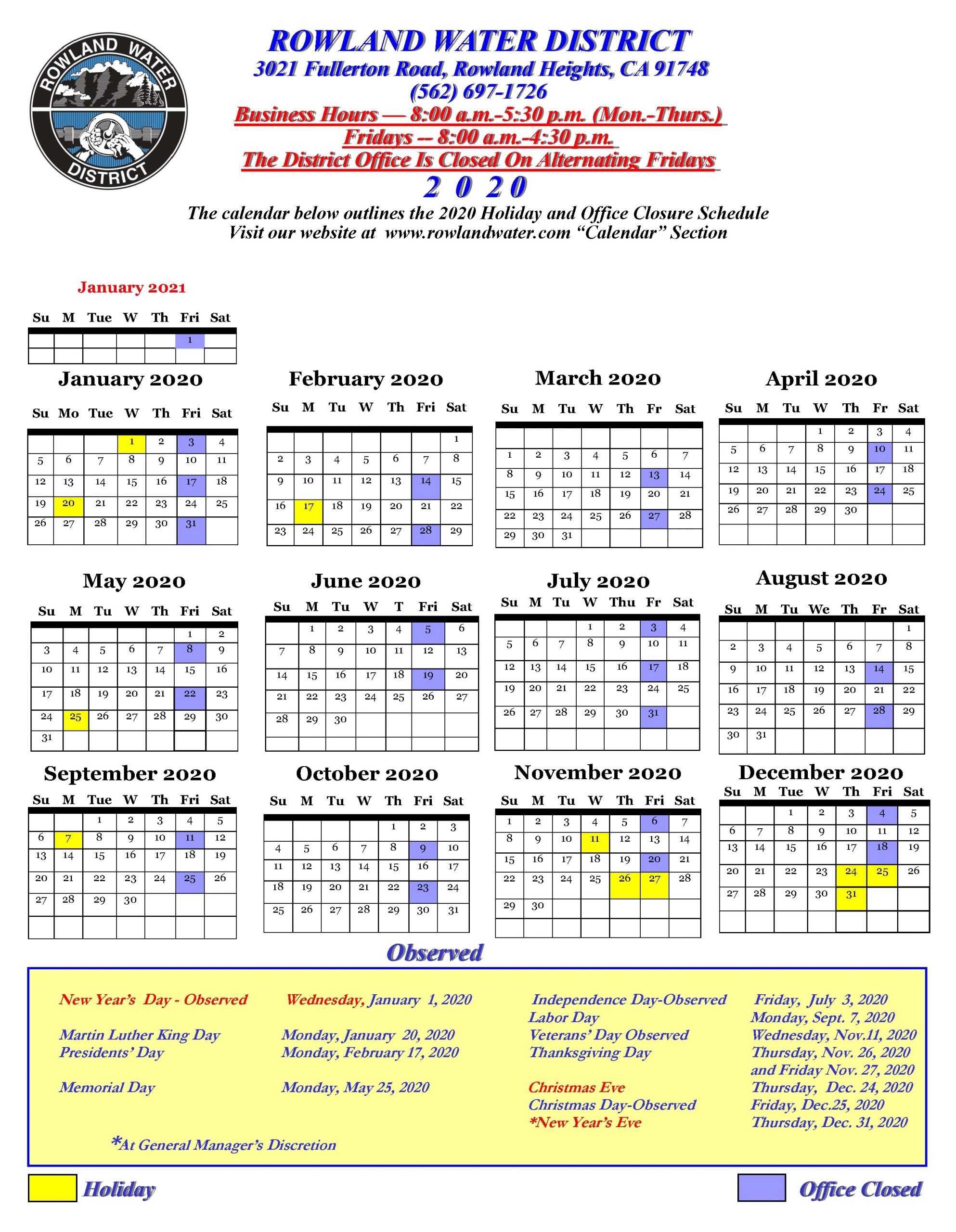 Calendar | Rowland Water District