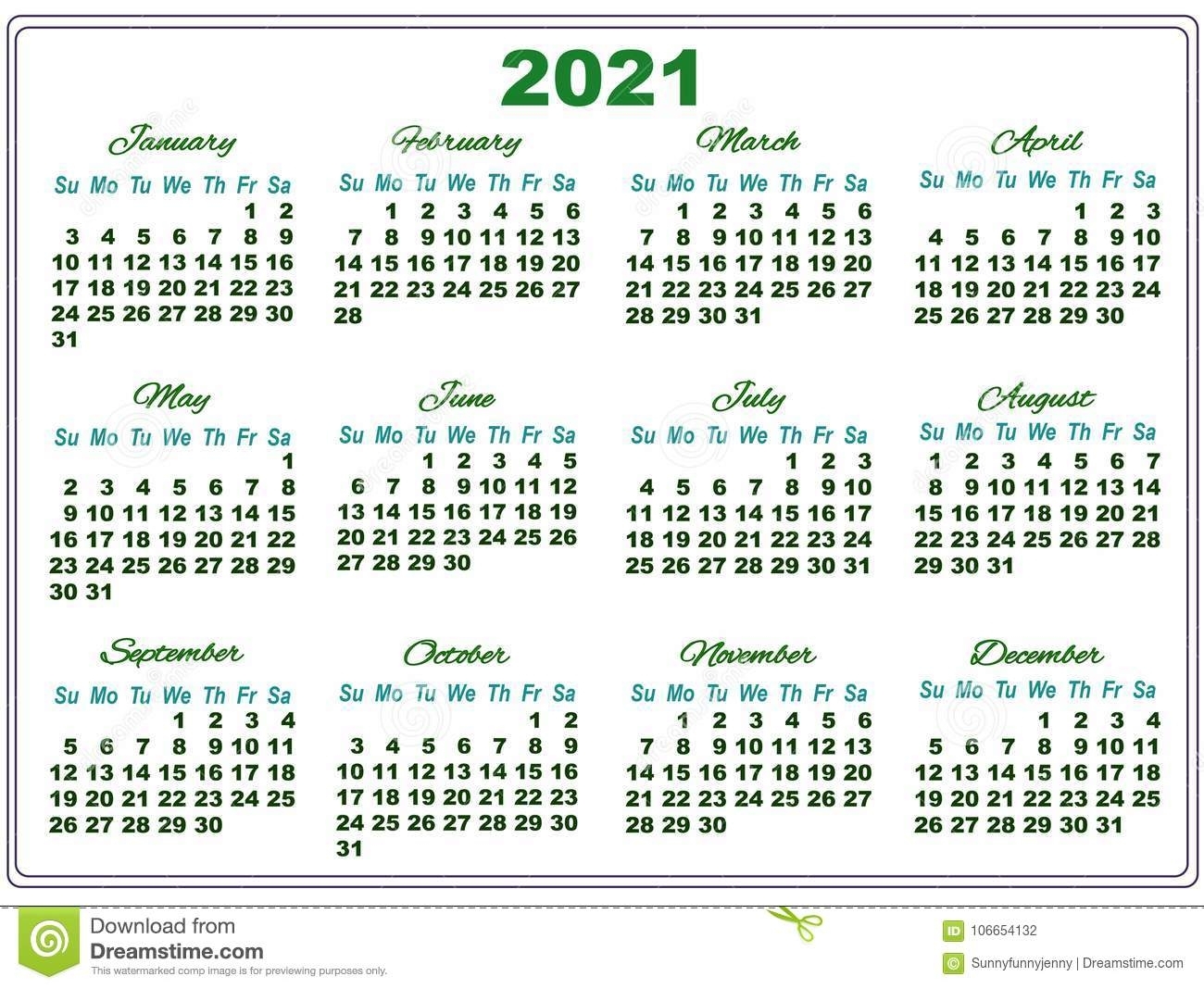 Calendario 2021 Con Números Grandes Stock De Ilustración