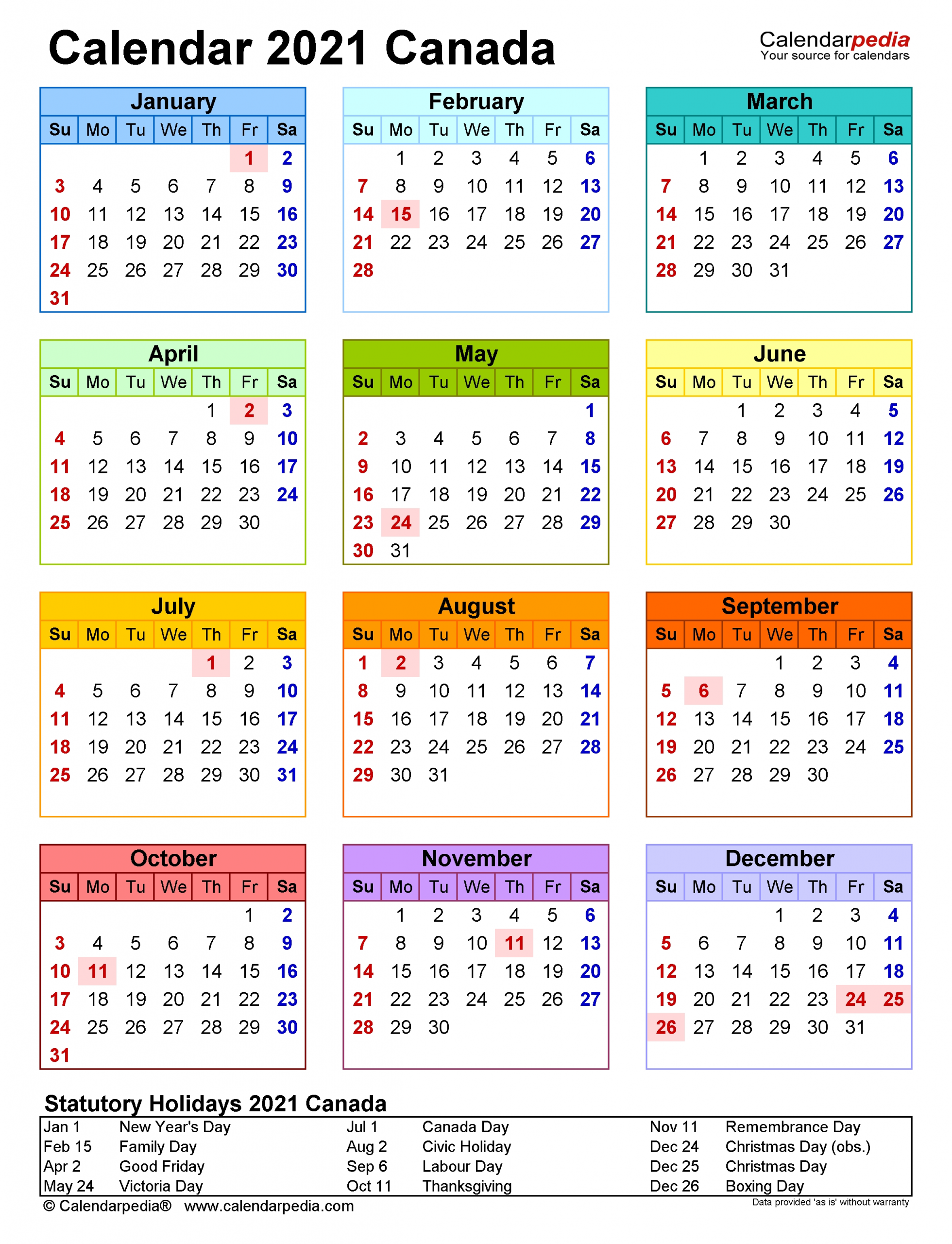 Canada Calendar 2021 - Free Printable Excel Templates