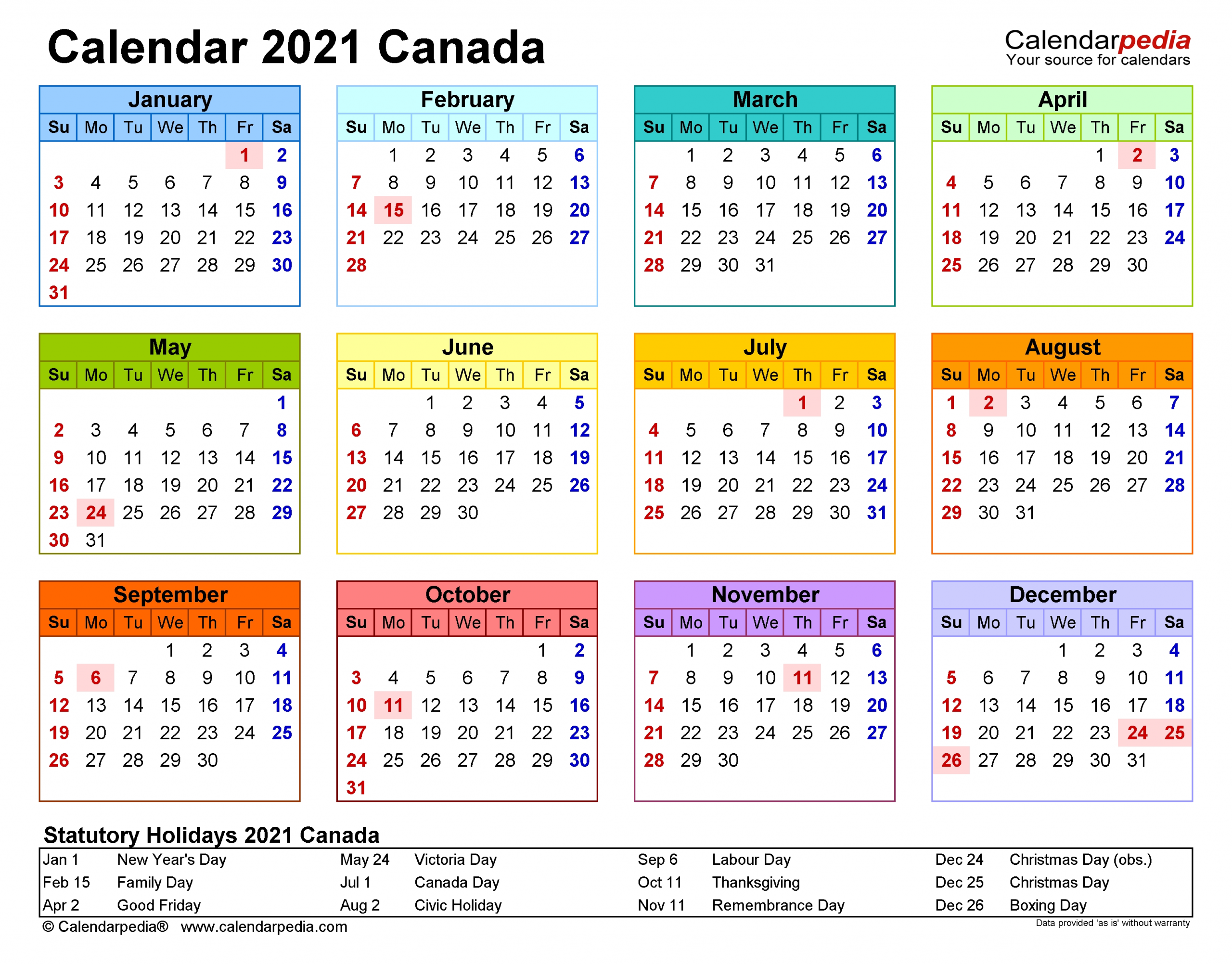 Canada Calendar 2021 - Free Printable Excel Templates