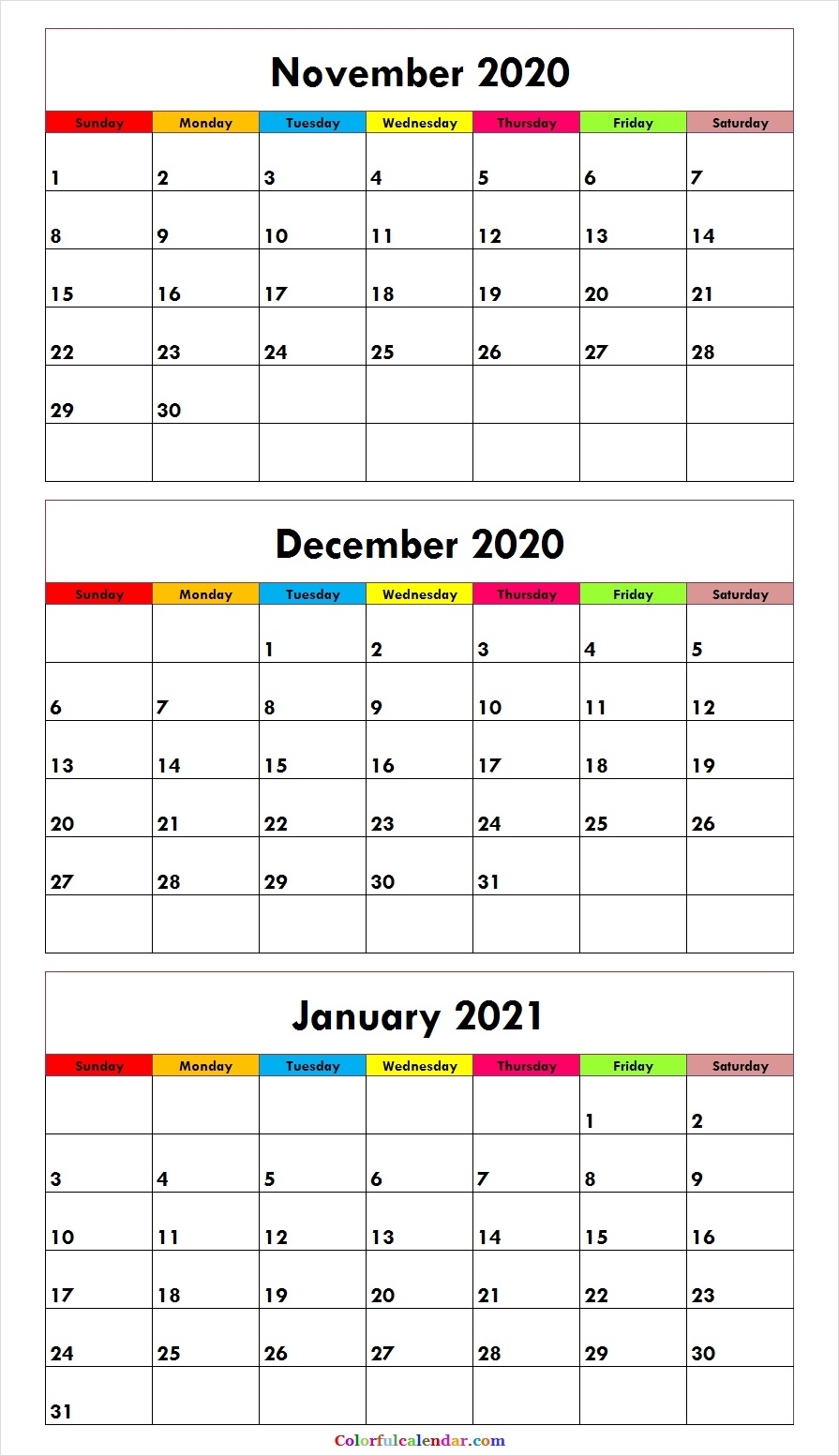 Cute November December 2020 January 2021 Calendar Template