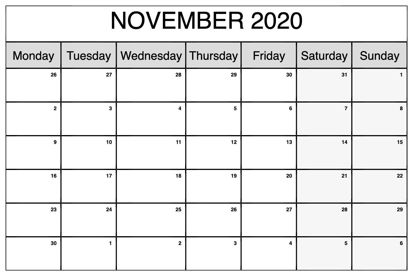 Dashing Monthly Monday To Sunday Calendars 2020 Printable