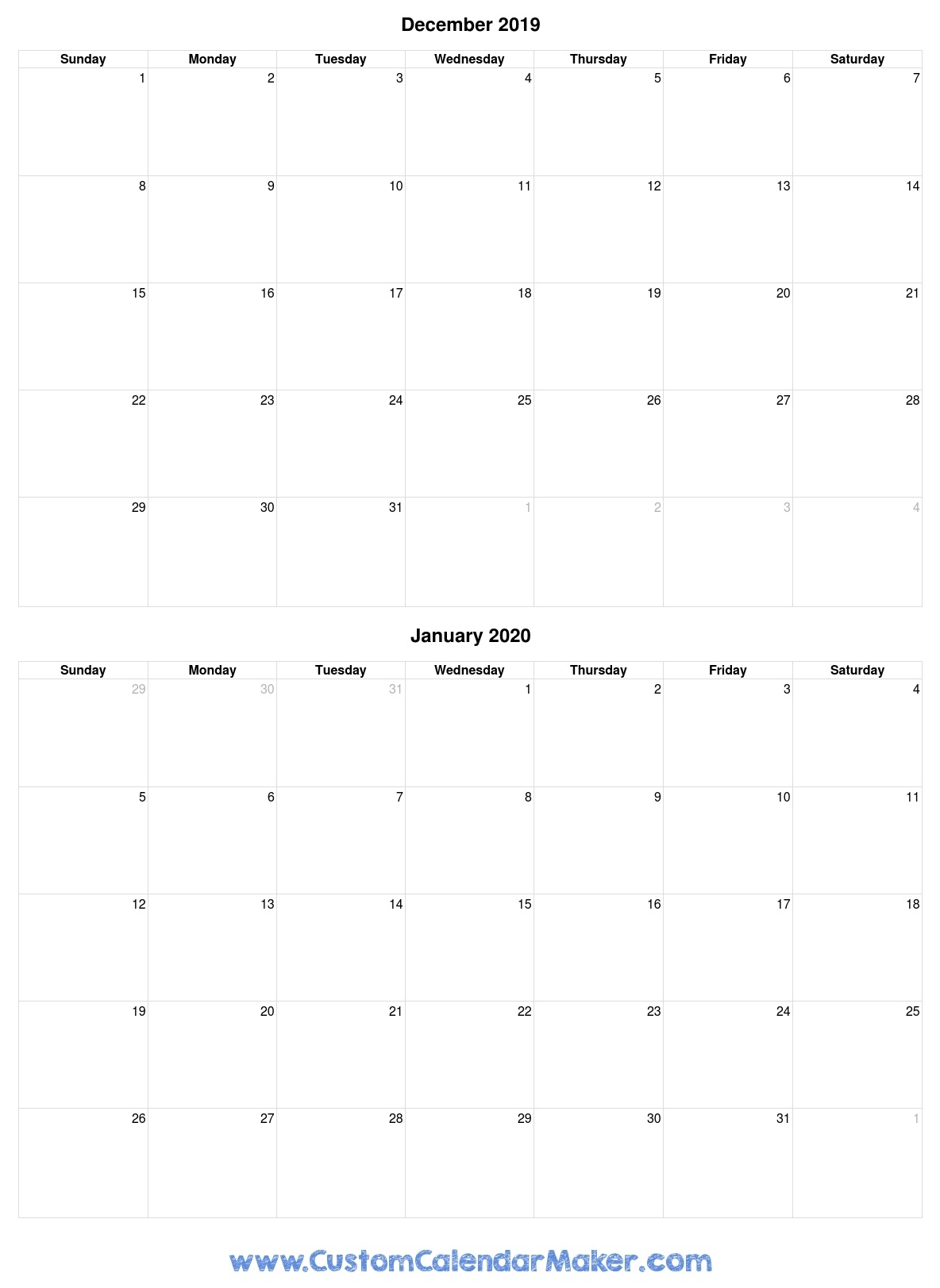 December 2019 And January 2020 Printable Calendar