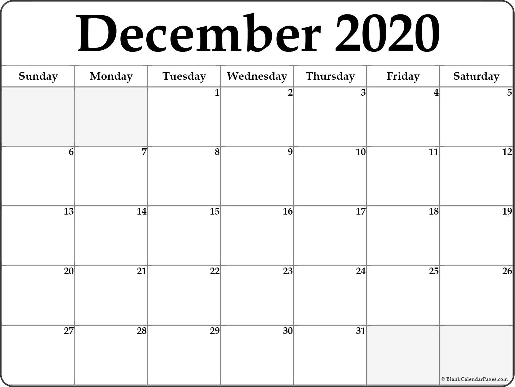 December 2020 Calendar | Free Printable Monthly Calendars