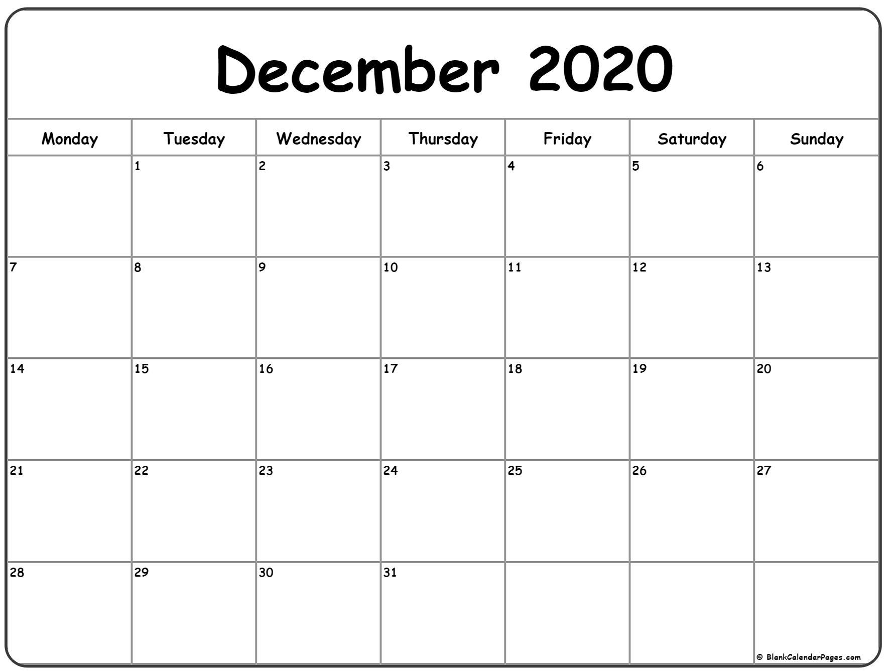 December 2020 Monday Calendar | Monday To Sunday