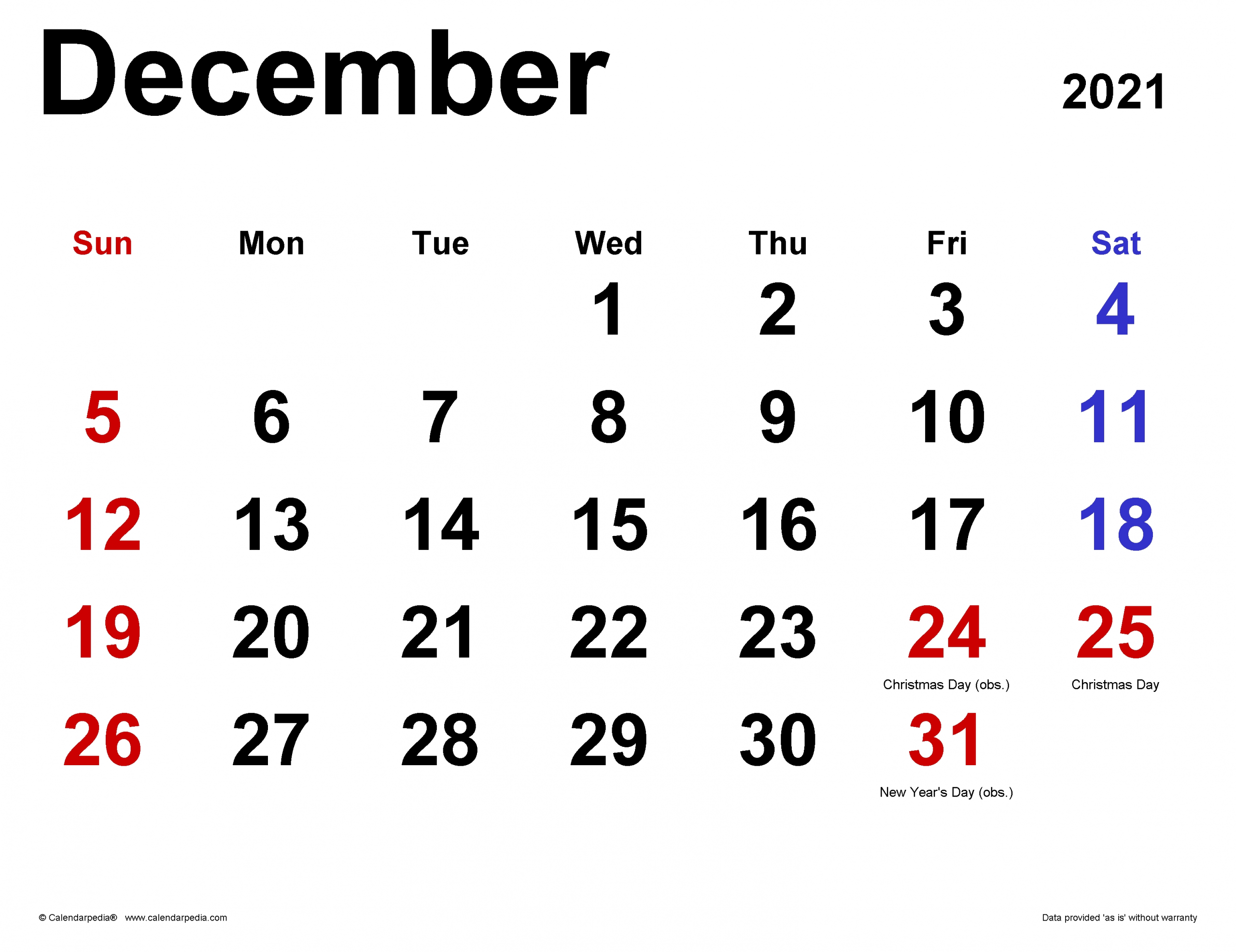 December 2021 Calendar | Templates For Word, Excel And Pdf