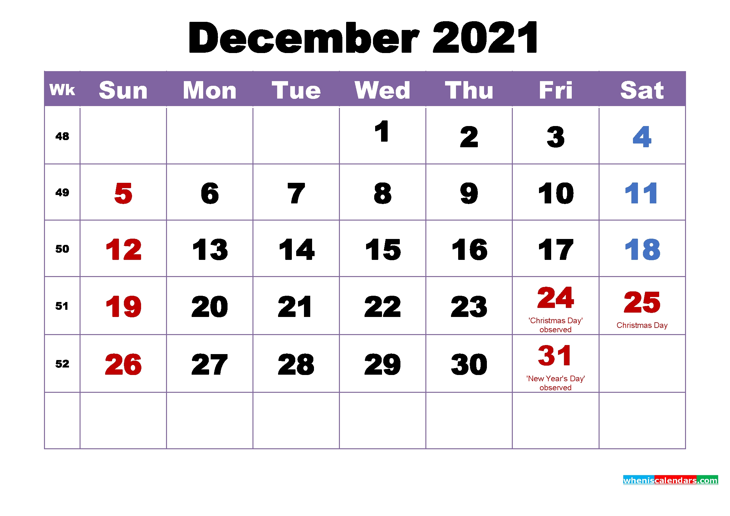 activity calendar december 2021