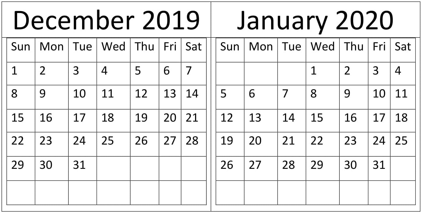 December &amp; January 2019-20 Calendar Printable Templates