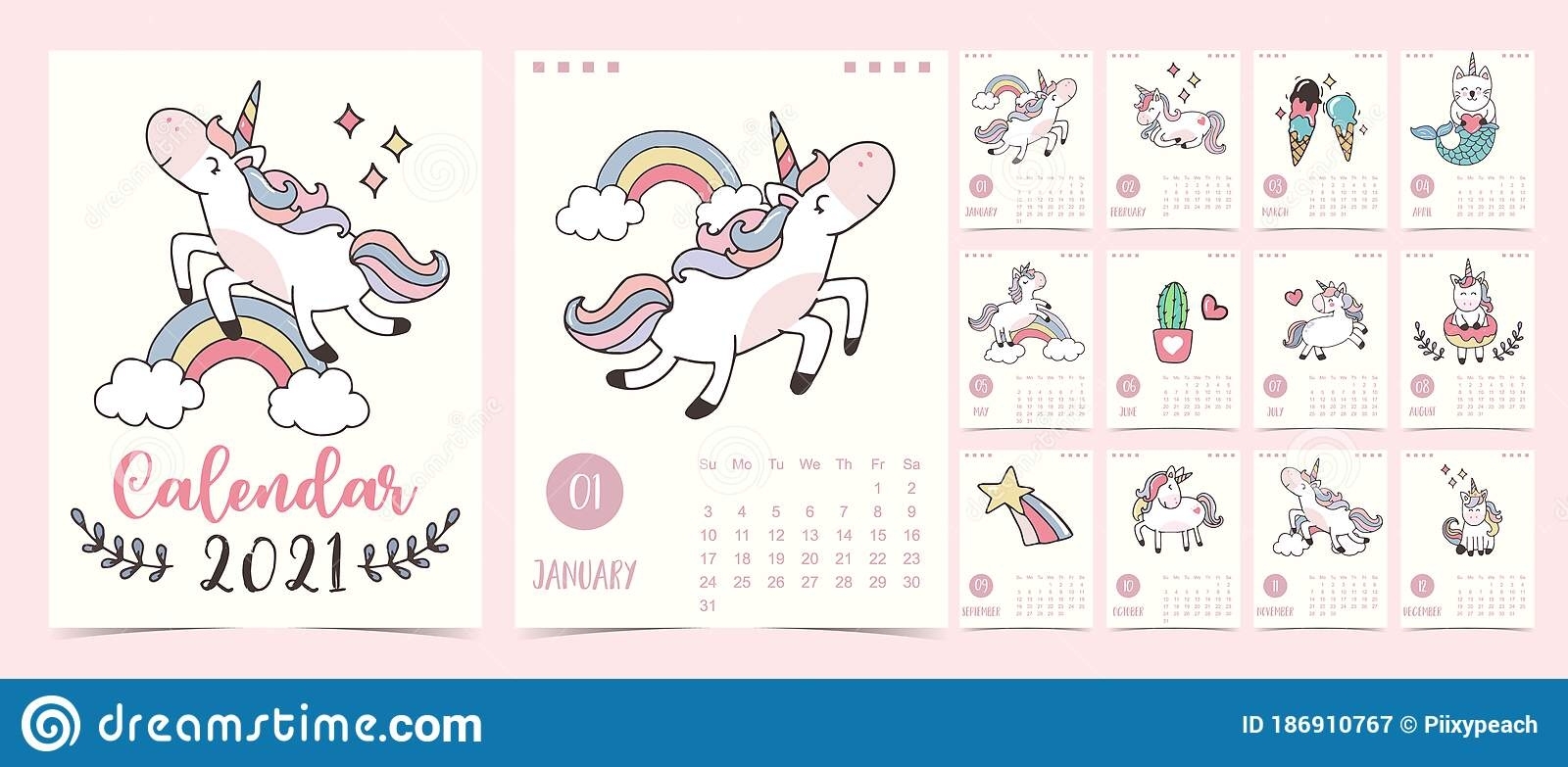 Doodle Pastel Calendar Set 2021 With Unicorn,Rainbow,Ice