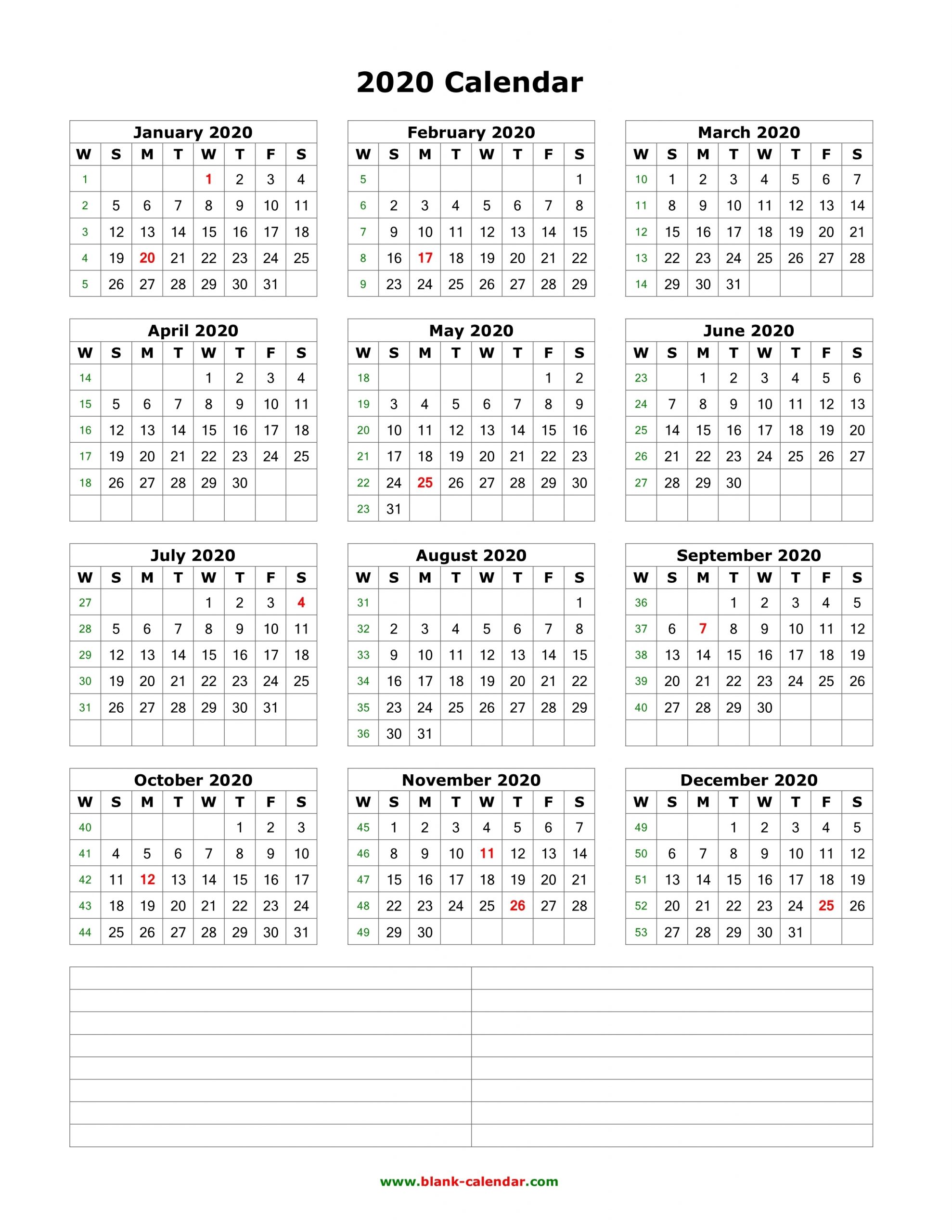 Download Blank Calendar 2020 With Space For Notes (12 Months