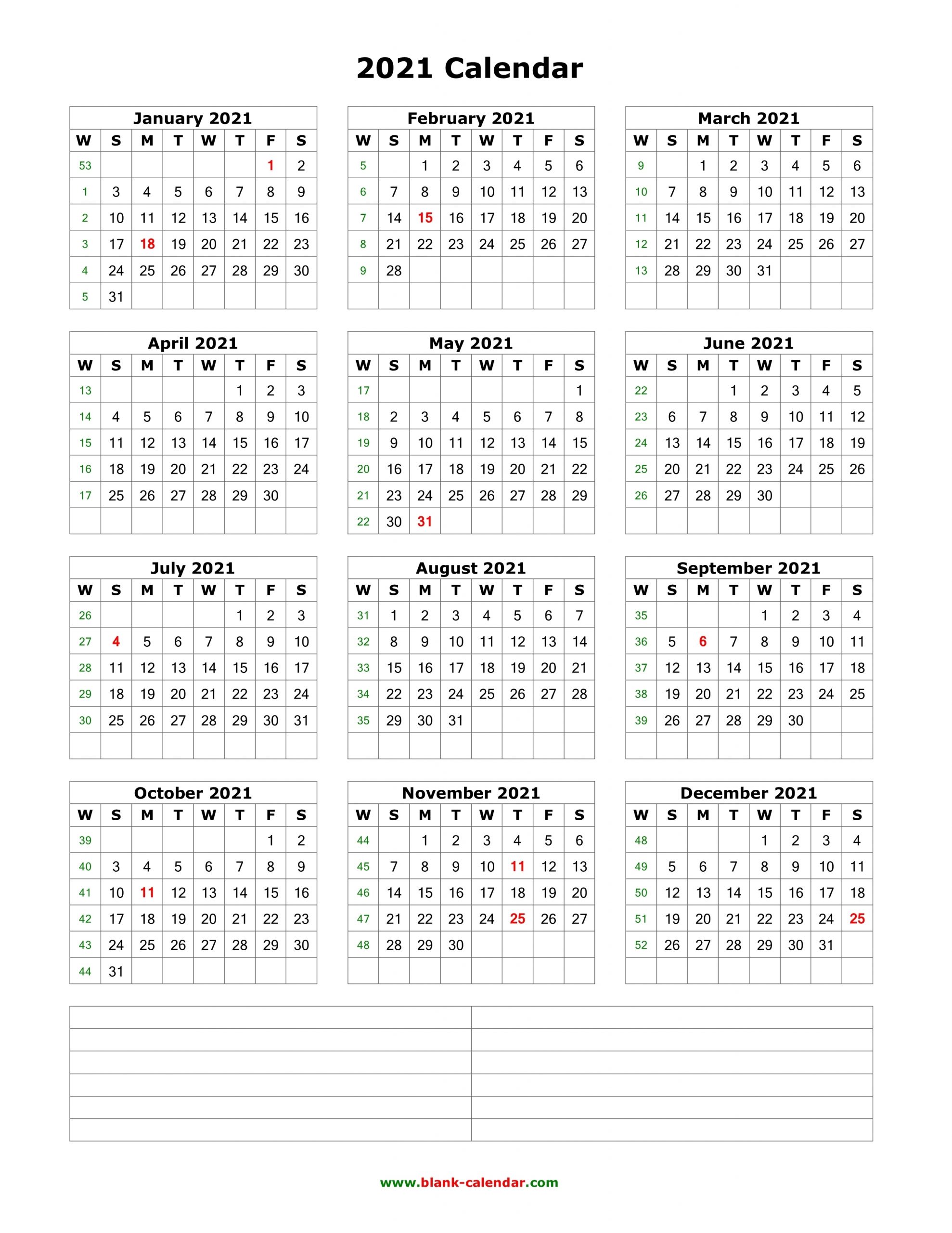 Download Blank Calendar 2021 With Space For Notes (12 Months