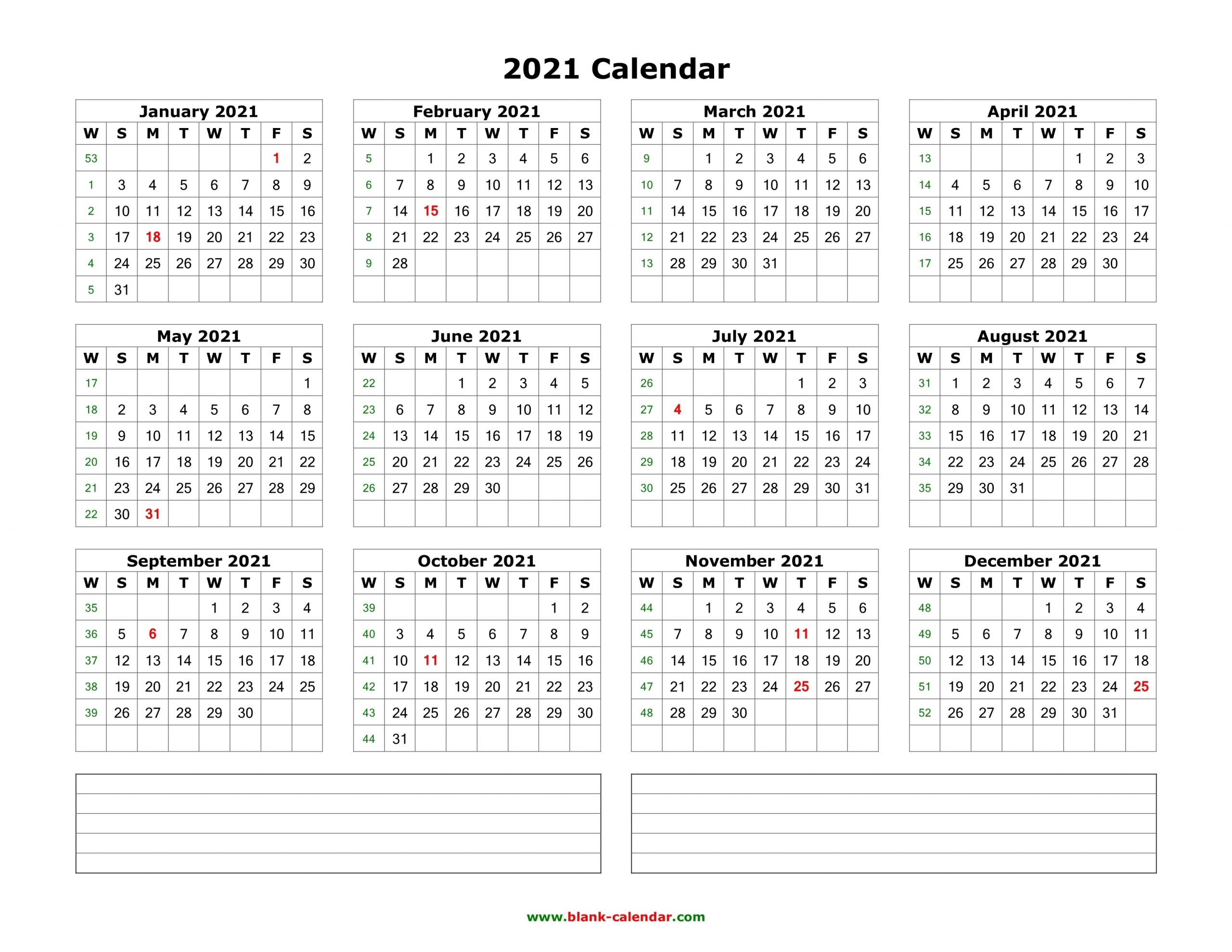 Download Blank Calendar 2021 With Space For Notes (12 Months