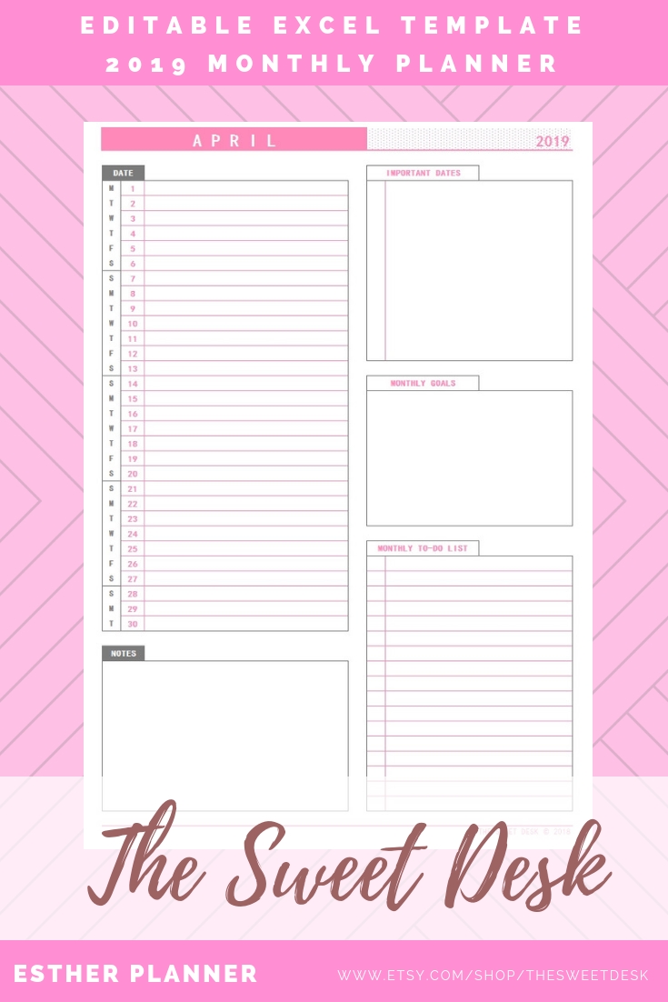 Editable 2019 Monthly Planner, Printable Vertical Monthly