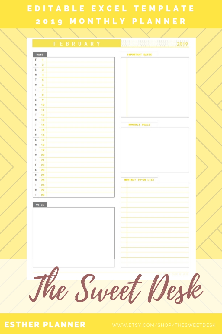 Editable 2019 Monthly Planner, Printable Vertical Monthly