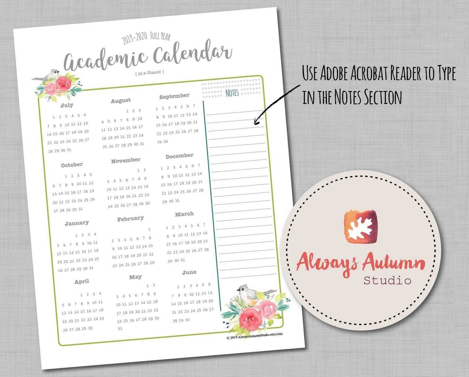 Editable And Printable 2019-2020 Academic Calendar Year At A Glance, July  Start, Teacher / Homeschool / Student Vertical 8.5X11 Pdf