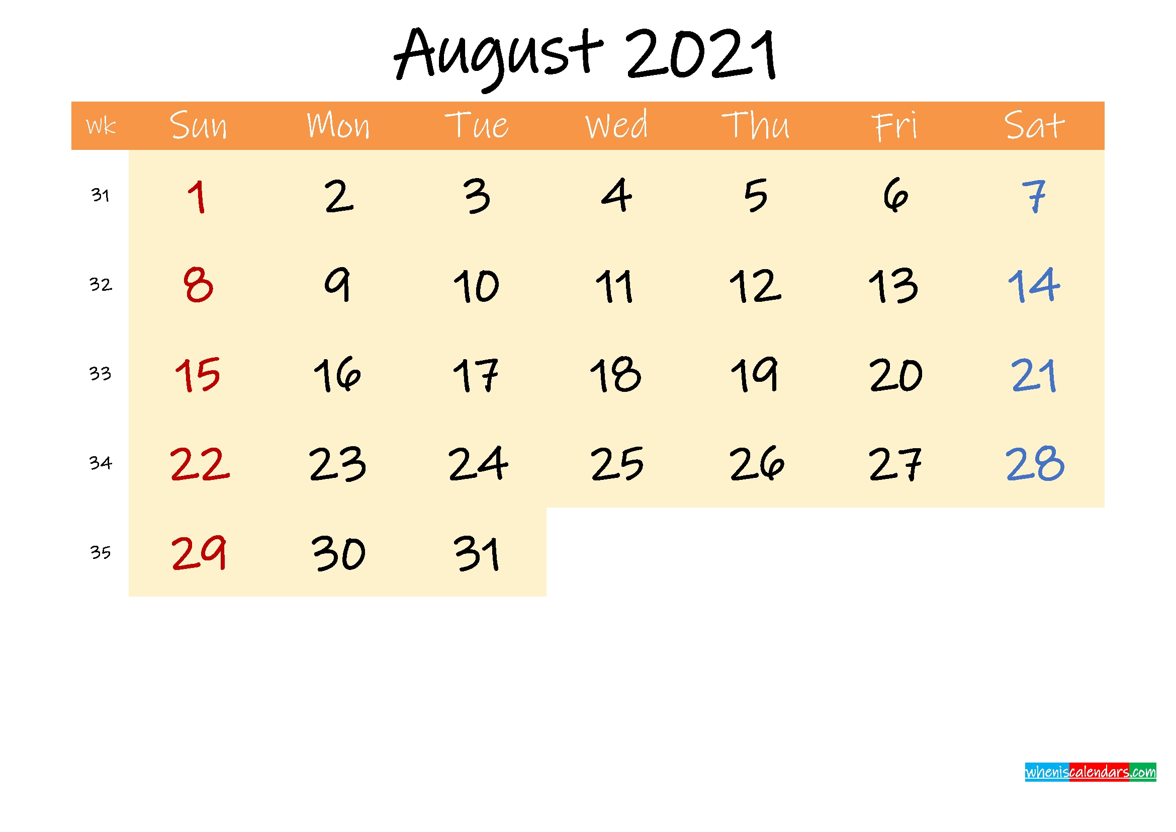 Editable August 2021 Calendar – Template No.ink21M248 – Free