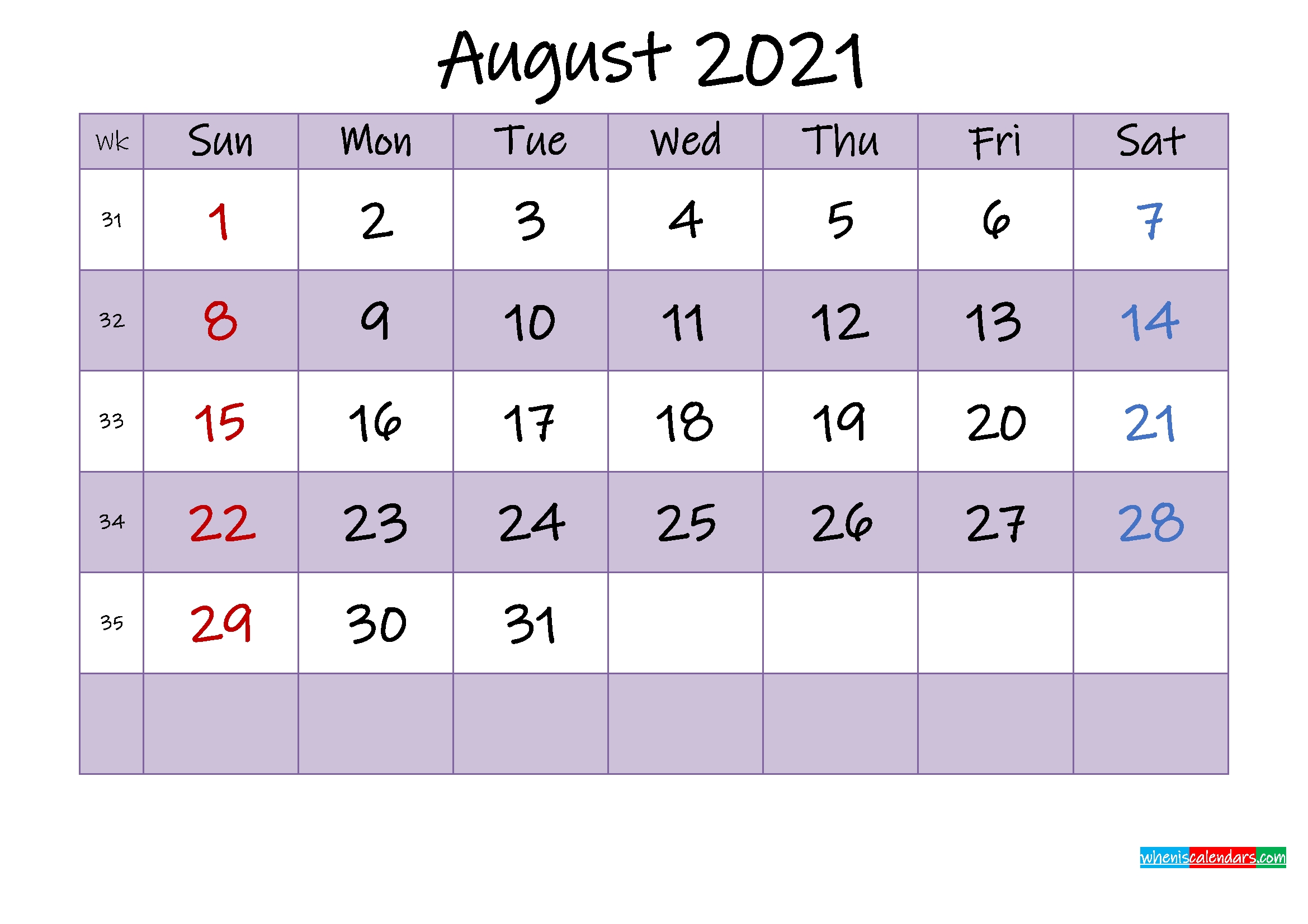 Editable August 2021 Calendar – Template No.ink21M464 – Free
