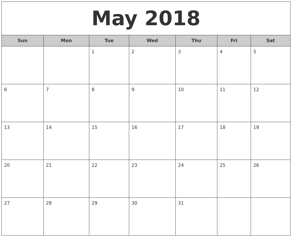 Editable May 2018 Google Calendar | Excel Calendar Template