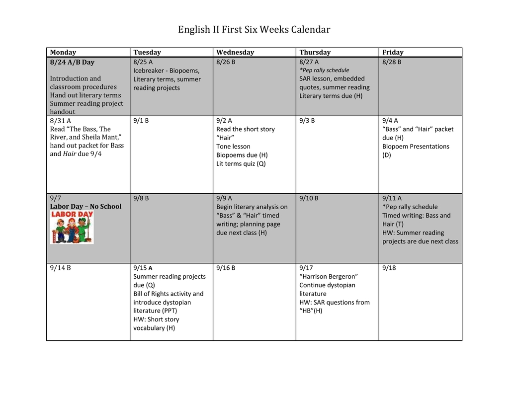 English Ii First Six Weeks Calendar