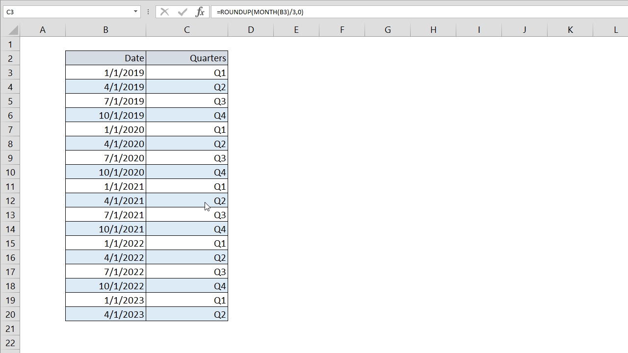 Excel Quarter Formula Representation