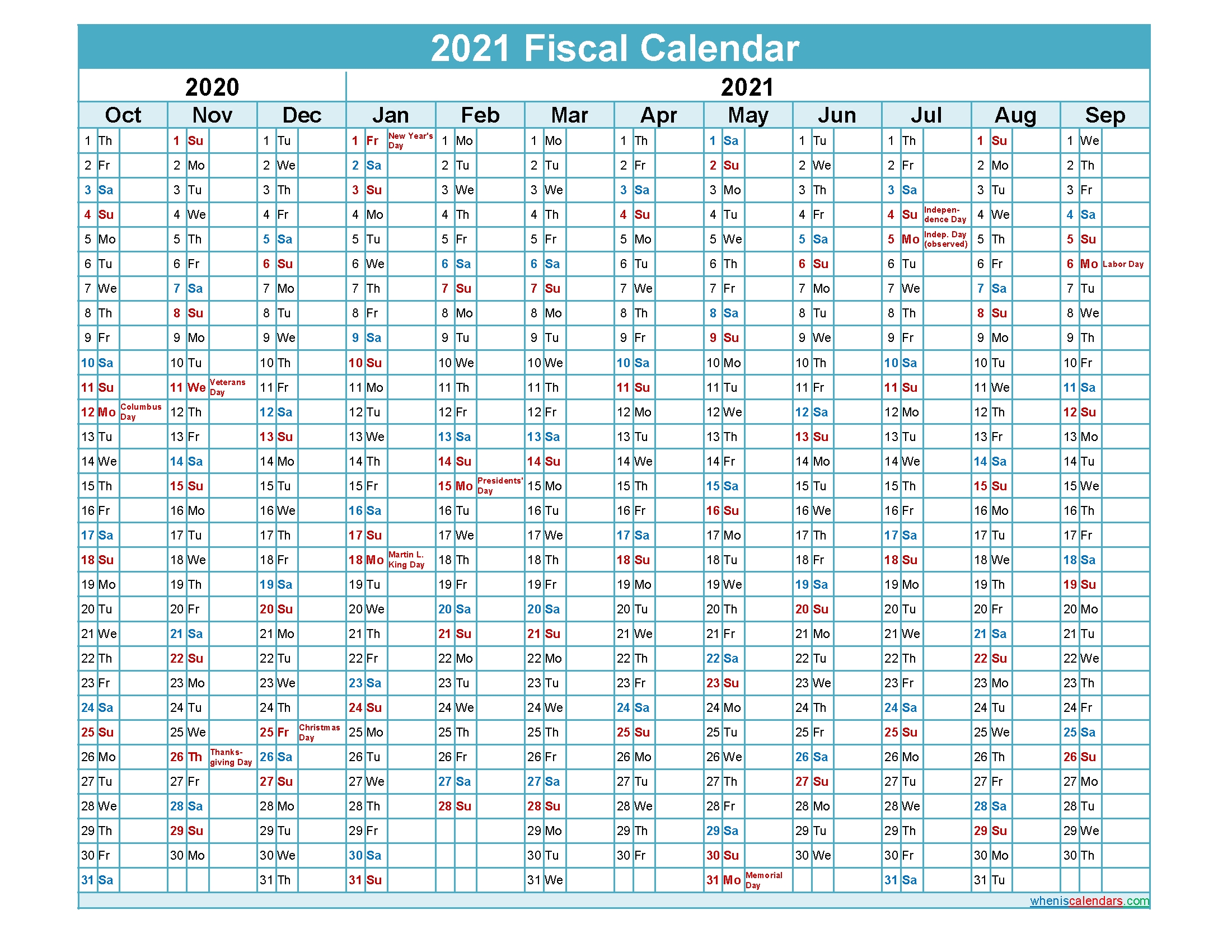 Fiscal Calendar 2021 Federal Fiscal Year – Template No