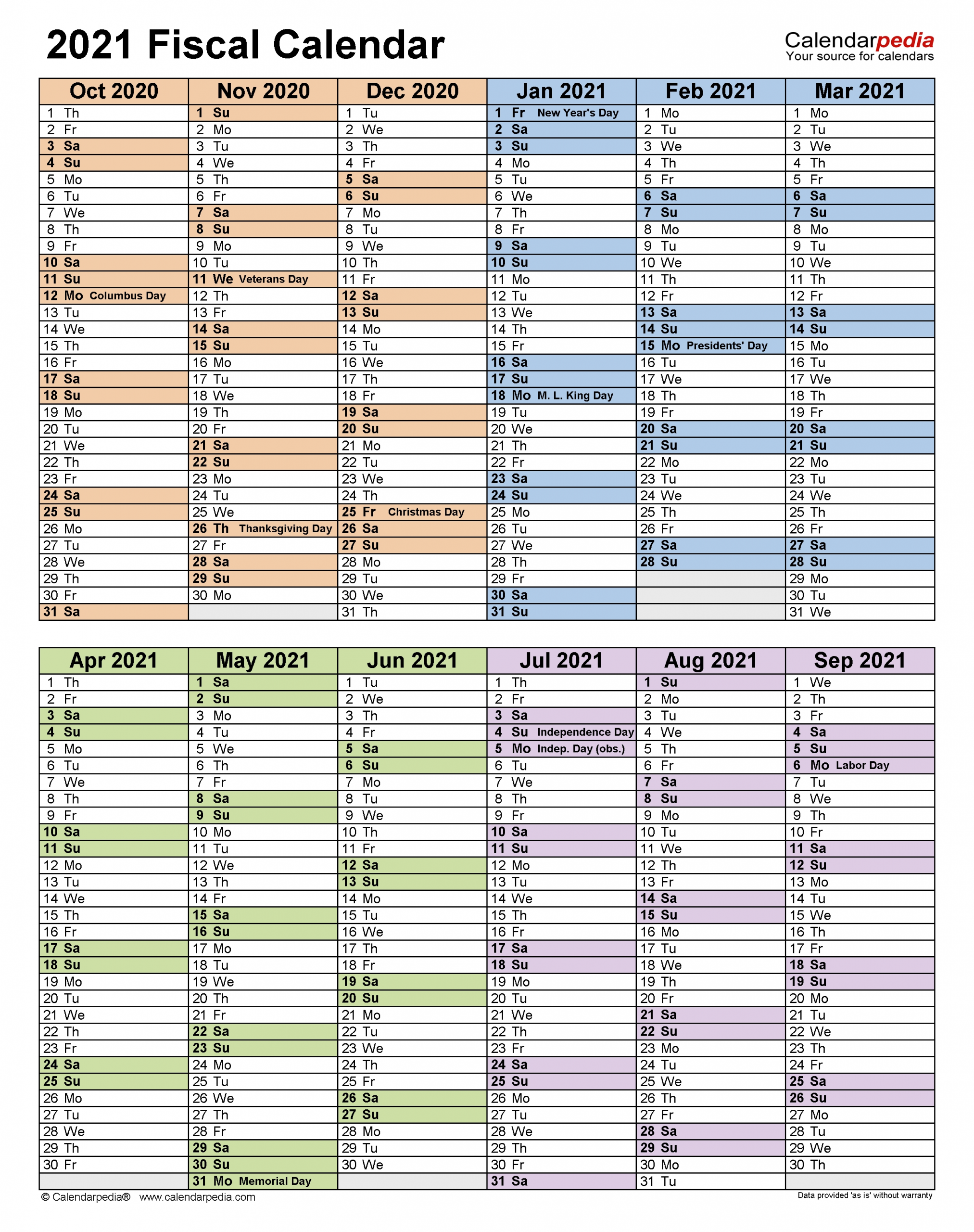 Fiscal Calendars 2021 - Free Printable Pdf Templates