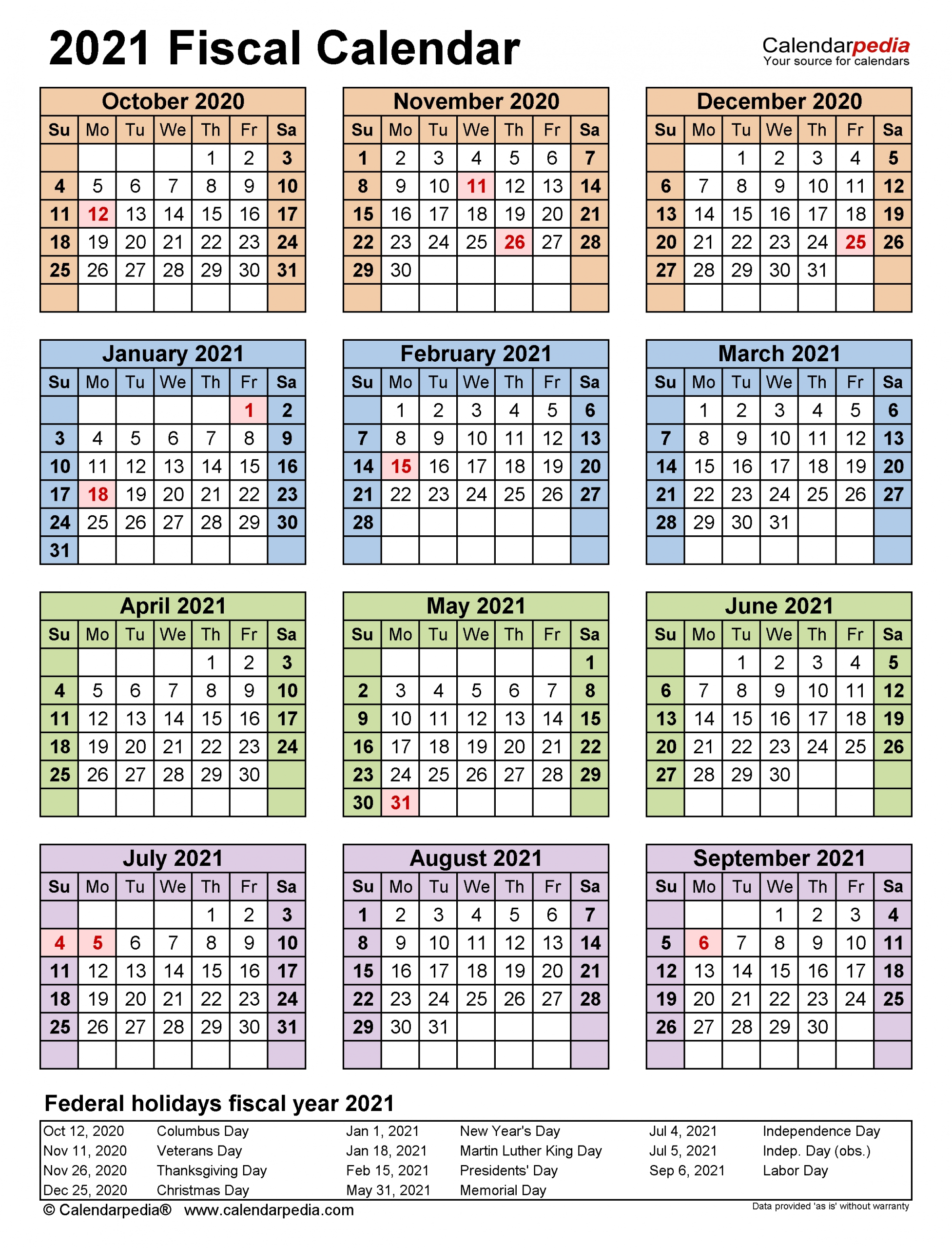 Fiscal Calendars 2021 - Free Printable Pdf Templates
